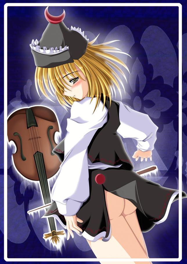 lunasa prismriver, touhou, 1girl, ass, clothes lift, female focus, gradient background, hat, instrument, loli, skirt, skirt lift, solo, violin