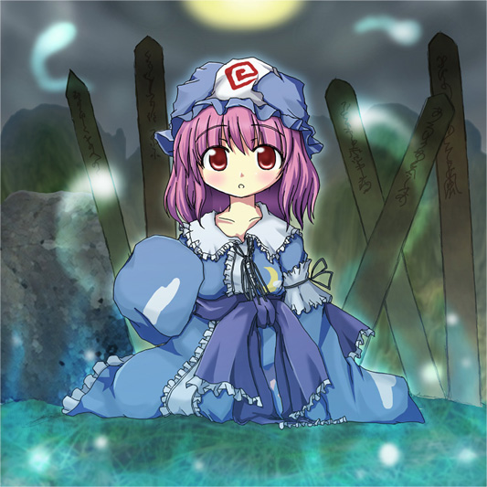 saigyouji yuyuko, touhou, 1girl, female focus, full moon, hat, moon, outdoors, purple hair, red eyes, sitting, solo, sotoba, triangular headpiece
