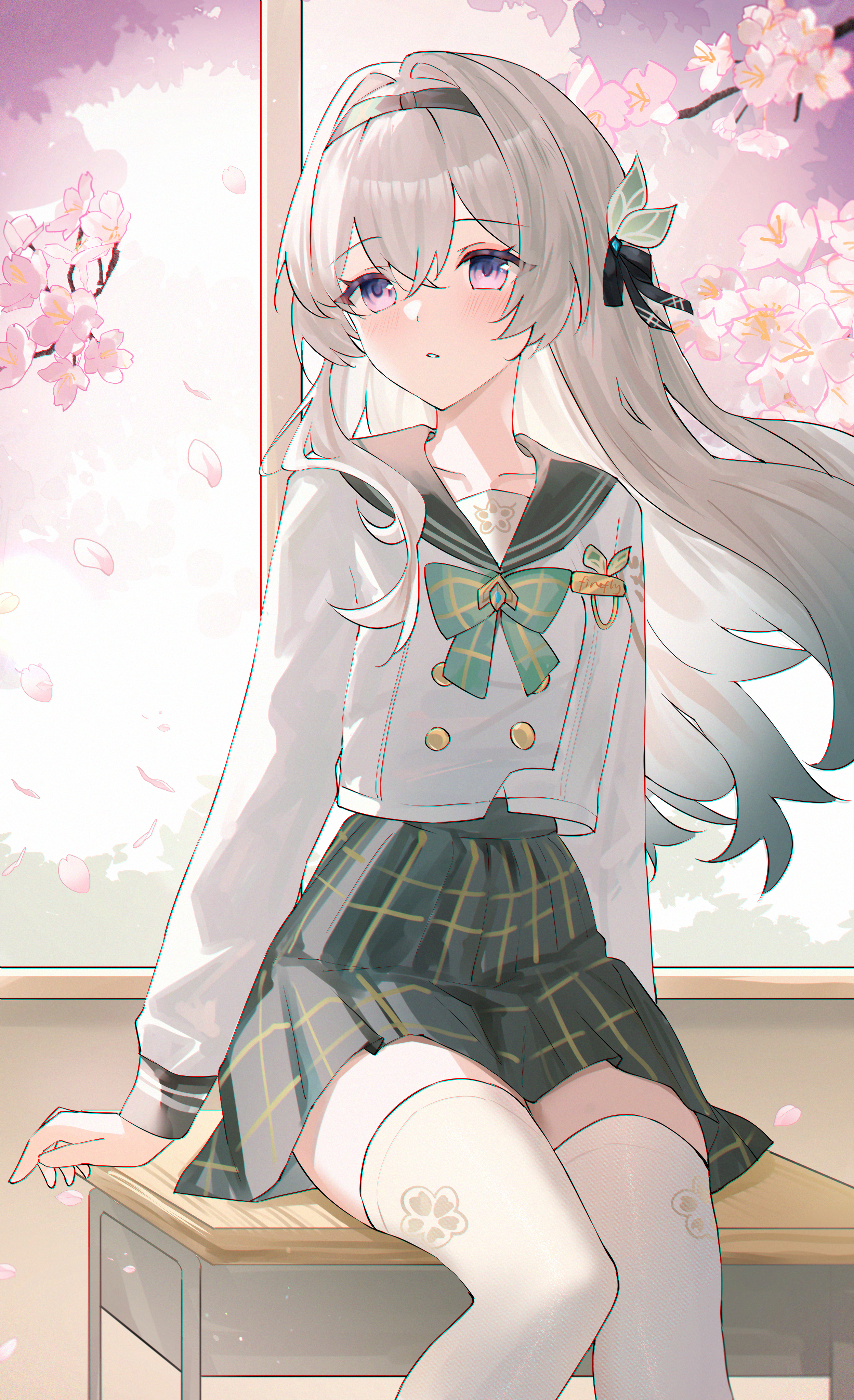 usagi (786113654), firefly (honkai: star rail), firefly (spring missive) (honkai: star rail), honkai: star rail, honkai (series), absurdres, commentary, highres, 1girl, black bow, black hairband, bow, bowtie, breasts, buttons, collarbone, double-breasted, gradient hair, green bow, green bowtie, green hair, grey hair, grey sailor collar, grey skirt, hair between eyes, hair bow, hair intakes, hairband, light blush, long hair, long sleeves, multicolored hair, parted lips, purple eyes, sailor collar, school uniform, serafuku, shirt, sitting, skirt, small breasts, solo, thighhighs, thighs, white shirt, white thighhighs