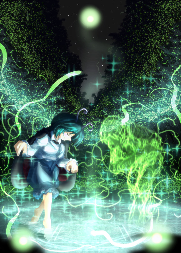 amamizu (myofuu kai), wriggle nightbug, touhou, 1girl, antennae, barefoot, blouse, bug, cape, collared shirt, female focus, fireflies, firefly, green hair, holding, holding unworn cape, holding unworn clothes, insect, shirt, solo, unworn cape, water, white shirt