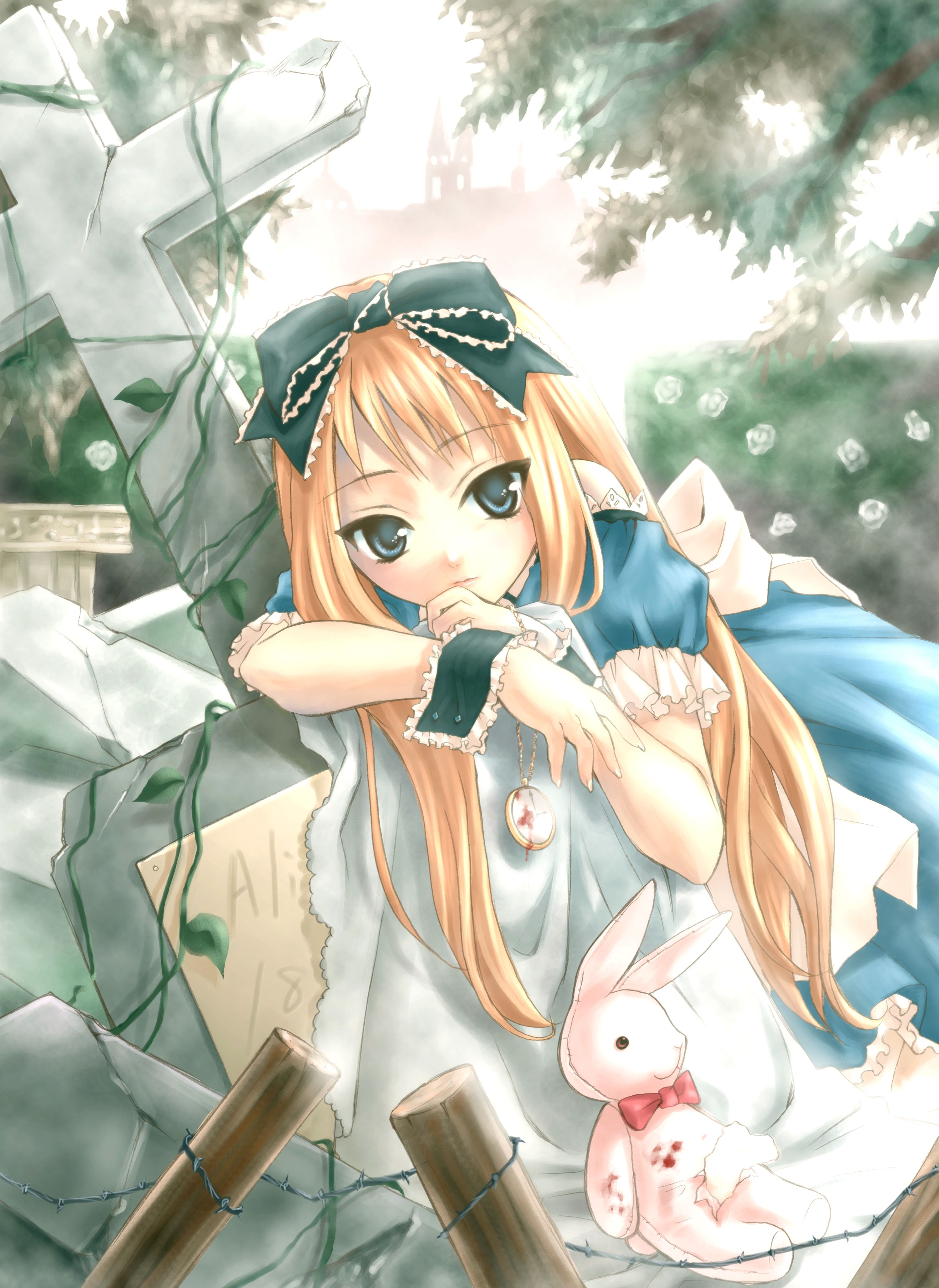 nekou izuru, alice (alice in wonderland), white rabbit (alice in wonderland), alice's adventures in wonderland, absurdres, highres, blonde hair, blood, blue eyes, cross, latin cross, pocket watch, solo, watch, wrist cuffs