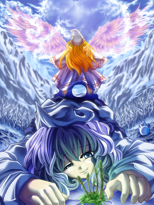 amamizu (myofuu kai), cirno, letty whiterock, lily white, touhou, light purple hair, 3girls, angel wings, back, blonde hair, blue eyes, dress, female focus, grin, hat, ice, long hair, long sleeves, multiple girls, plant, short hair, smile, snow, snowman, white dress, white hat, wide sleeves, wings, winter