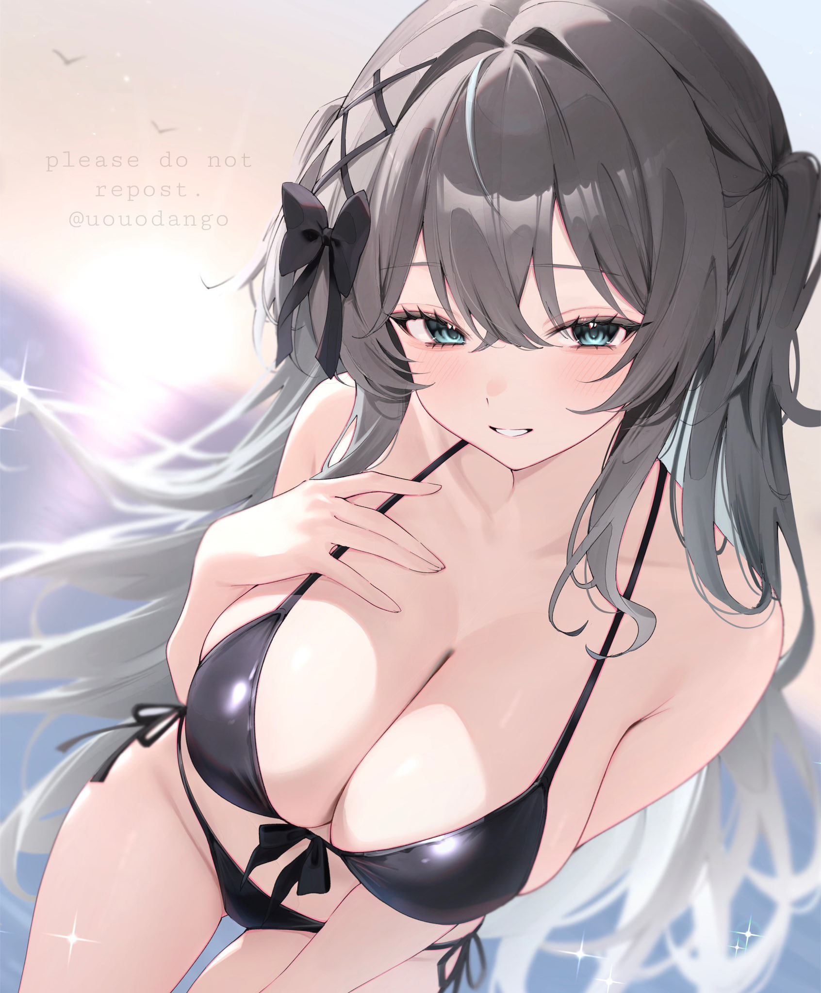 namedango (uouodango), aone ioru, indie virtual youtuber, commentary, commission, highres, skeb commission, 1girl, armpit crease, artist name, bare shoulders, beach, bikini, black bikini, black bow, blue eyes, blush, bow, breasts, bright background, cleavage, collarbone, crossed bangs, dutch angle, floating hair, front-tie bikini top, front-tie top, grey hair, hair bow, hair intakes, hair ornament, halterneck, hand on own chest, hand up, large breasts, long hair, looking at viewer, ocean, outdoors, parted lips, side-tie bikini bottom, sidelocks, sky, smile, solo, sparkle, string bikini, sun, sunset, swimsuit, thighs, two side up, very long hair, virtual youtuber, watermark, x hair ornament