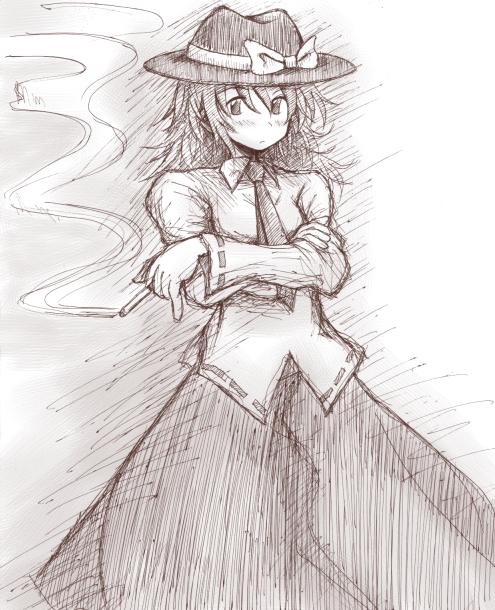 renko, usami renko, ghostly field club, touhou, 1girl, bow, cigarette, crossed arms, dress, expressionless, female focus, greyscale, hat, monochrome, necktie, ribbon, solo