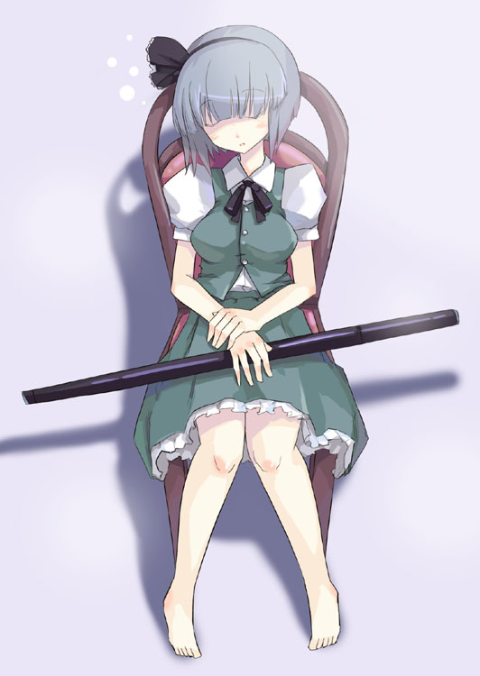 konpaku youmu, touhou, 1girl, barefoot, closed eyes, dress, female focus, green dress, grey hair, hairband, puffy sleeves, scabbard, shadow, sheath, short hair, sitting, sleeping, solo, white background
