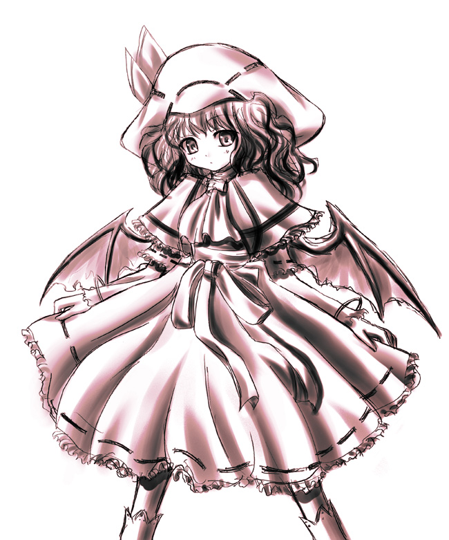 tateha (marvelous grace), remilia scarlet, touhou, 1girl, bat wings, dress, female focus, hat, long hair, monochrome, shawl, solo, white background, wings