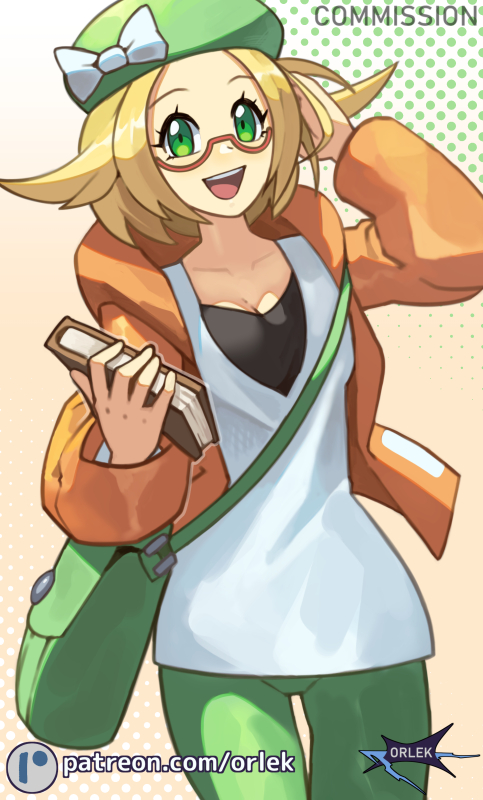 orlek, bianca (pokemon), nintendo, pokemon, pokemon bw2, commentary, commission, 1girl, :d, artist name, bag, beret, blonde hair, book, bow, breasts, cleavage, eyelashes, glasses, green eyes, green hat, green pants, happy, hat, hat bow, holding, holding book, hood, hood down, hooded jacket, jacket, long sleeves, open clothes, open jacket, open mouth, orange jacket, pants, patreon logo, semi-rimless eyewear, shirt, short hair, shoulder bag, smile, solo, teeth, thigh gap, tongue, upper teeth only, watermark, web address, white bow, white shirt