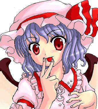 tilm, remilia scarlet, touhou, lowres, 1girl, :p, ascot, bat wings, female focus, frills, hat, mob cap, oekaki, pink hat, purple hair, red eyes, short hair, solo, tongue, tongue out, upper body, v, white background, wings