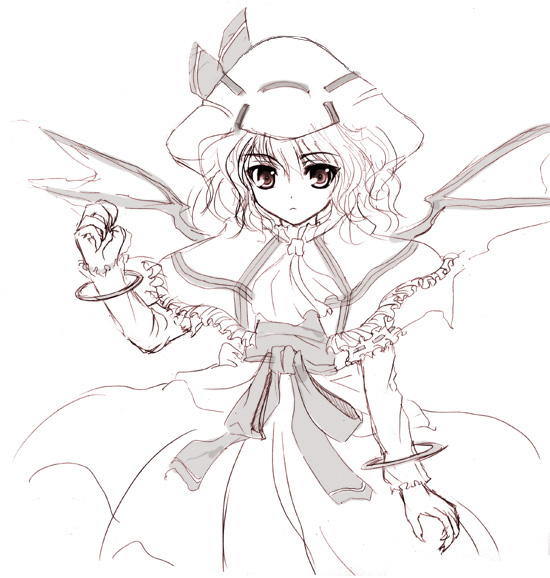 tateha (marvelous grace), remilia scarlet, touhou, 1girl, ascot, bat wings, dress, female focus, frills, greyscale, monochrome, short hair, solo, white background, wings
