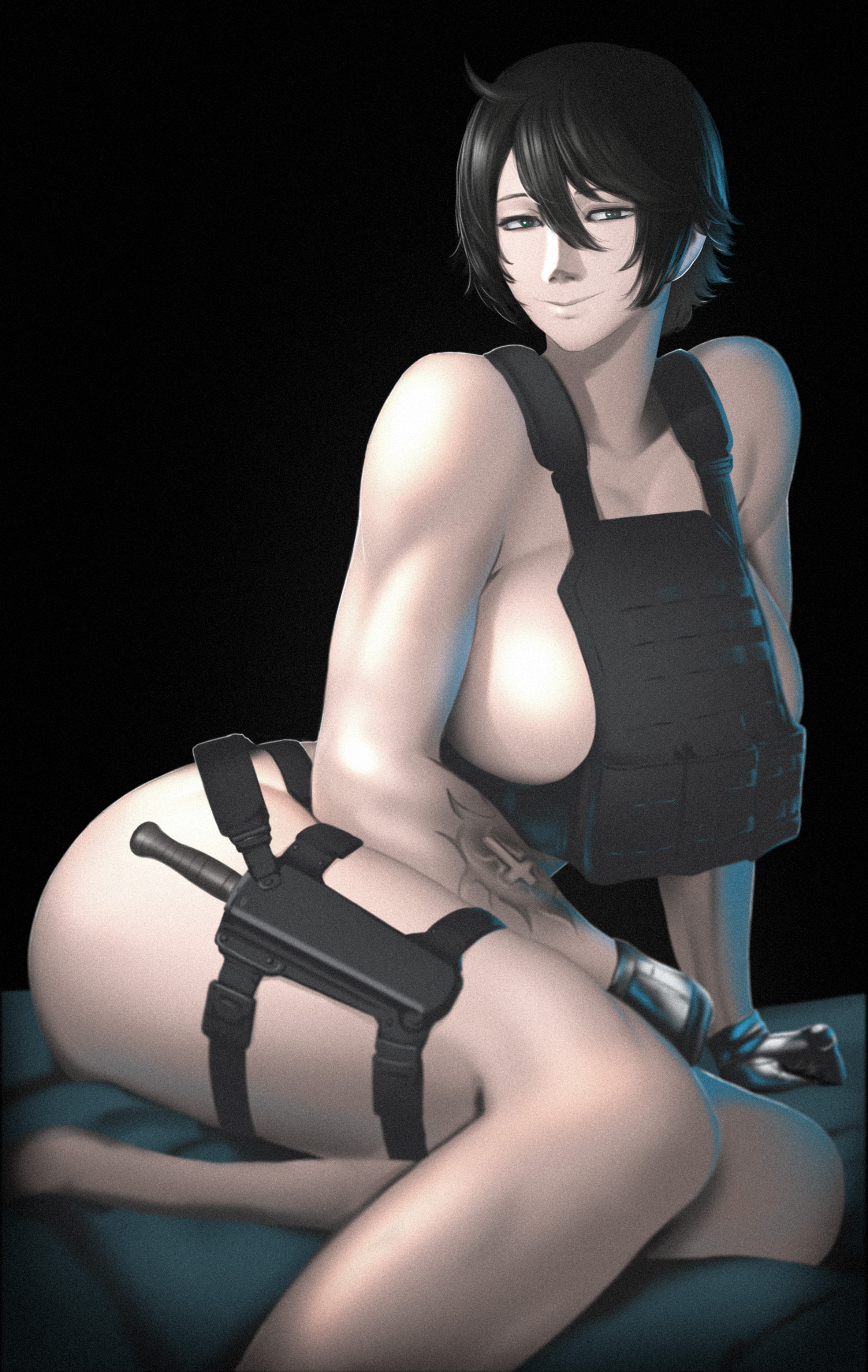 adun madun, chequita (jormungand), jormungand (manga), absurdres, highres, 1girl, arm tattoo, black gloves, black hair, breasts, bulletproof vest, gloves, huge breasts, looking at viewer, nude, short hair, sitting, solo, tattoo, thigh strap