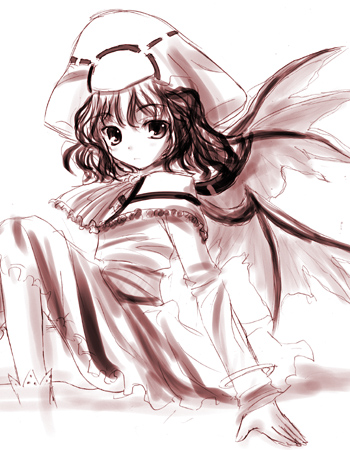 tateha (marvelous grace), remilia scarlet, touhou, lowres, 1girl, bat wings, female focus, monochrome, red theme, solo, wings