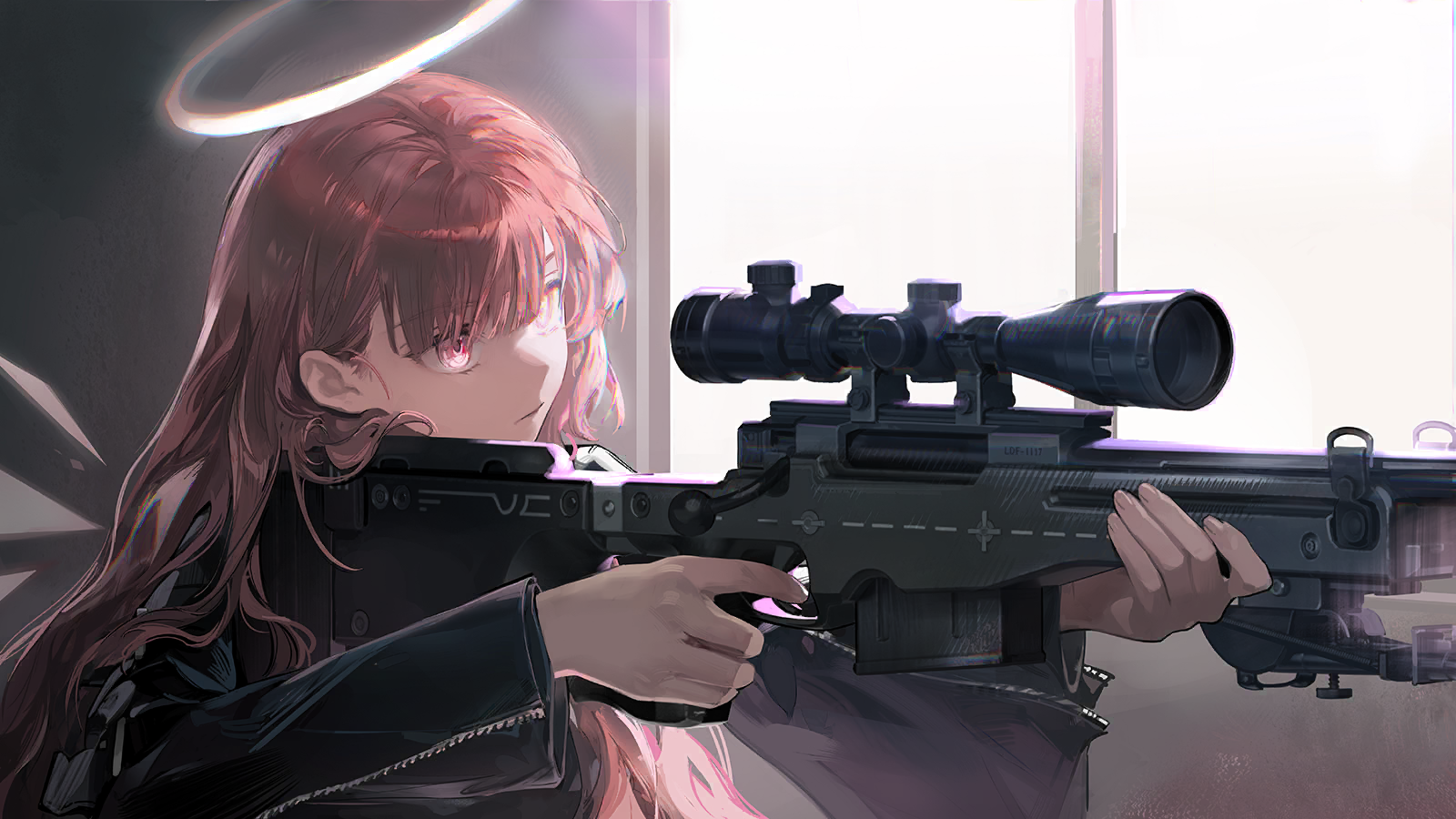 lemuen (arknights), arknights, game cg, highres, official art, third-party source, 1girl, ai arctic warfare, aiming, black jacket, bolt action, closed mouth, concentrating, detached wings, energy wings, firing, gun, halo, holding, holding gun, holding weapon, jacket, long bangs, long hair, long sleeves, pink eyes, pink hair, rifle, serious, sniper rifle, sniping, solo, wavy hair, weapon, wings