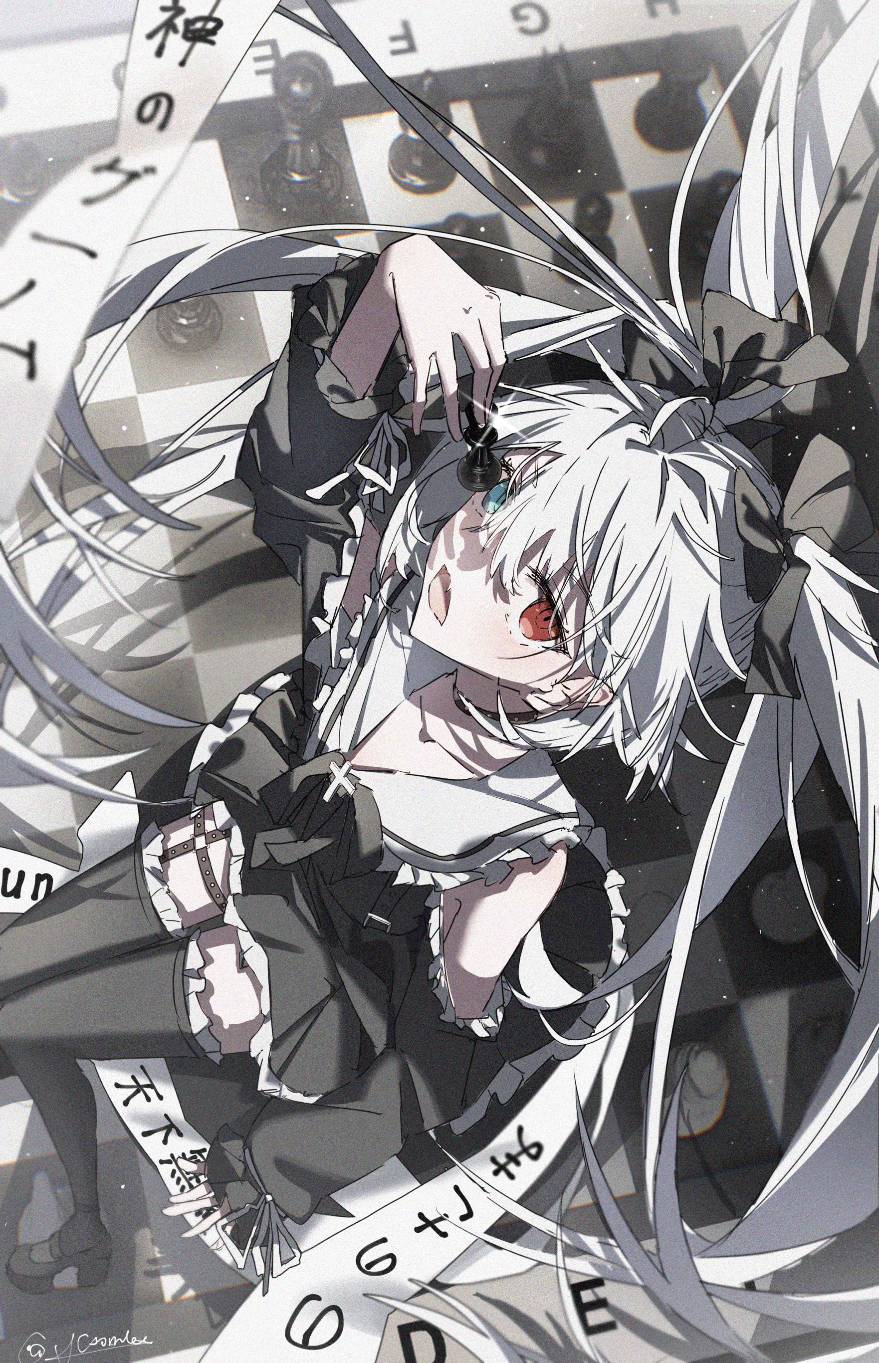 coomlee, hatsune miku, vocaloid, absurdres, highres, 1girl, bare shoulders, bishop (chess), black hairband, black shirt, black skirt, blue eyes, board game, chess, chess piece, collarbone, cross, hair tie, hairband, heterochromia, holding, long hair, looking at viewer, open mouth, red eyes, shirt, skirt, thighhighs, twintails, very long hair, white hair, zettai ryouiki