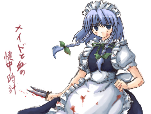 izayoi sakuya, touhou, lowres, 1girl, apron, between fingers, blood, braid, female focus, frills, holding, knife, maid, maid apron, maid headdress, puffy sleeves, serious, simple background, solo, twin braids, white background