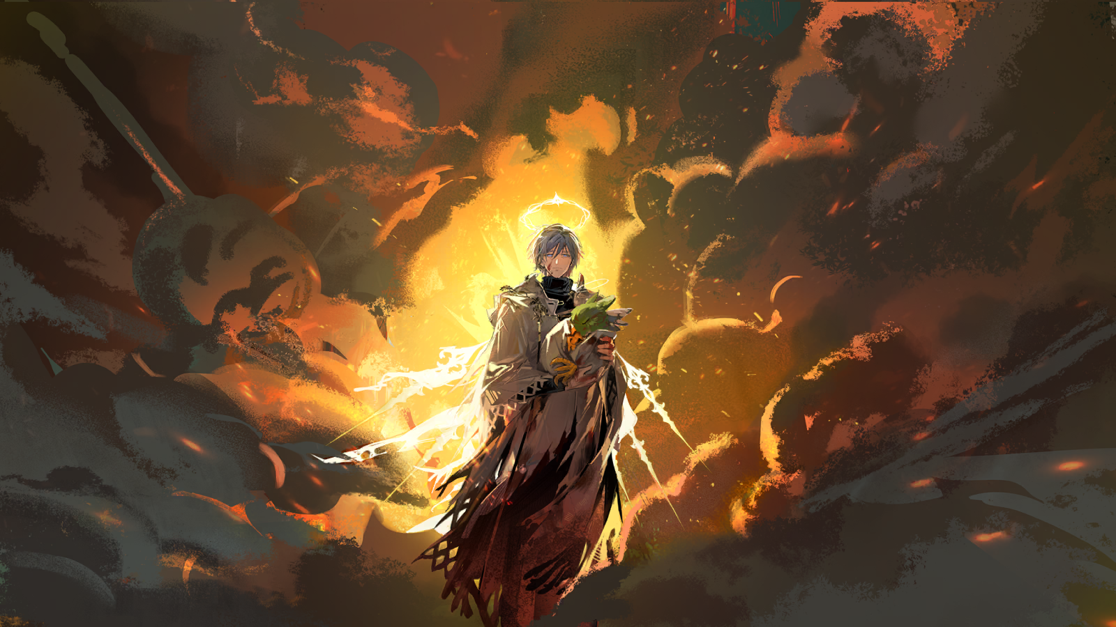 andoain (arknights), arknights, game cg, highres, official art, third-party source, 1boy, animal, bird, blood, blood on clothes, blood on face, blue hair, cloak, closed mouth, detached wings, energy wings, explosion, fire, floating clothes, halo, holding, holding animal, male focus, smoke, solo, standing, white cloak, wide shot, wings