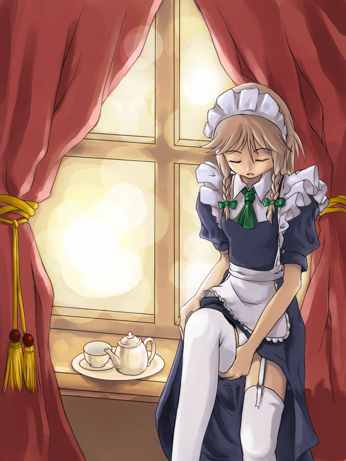 izayoi sakuya, touhou, 1girl, adjusting clothes, adjusting legwear, apron, blue dress, braid, brown hair, closed eyes, cup, curtains, dress, female focus, frills, maid, maid apron, maid headdress, short hair, solo, teacup, teapot, thighhighs, tray, twin braids, undressing, white thighhighs