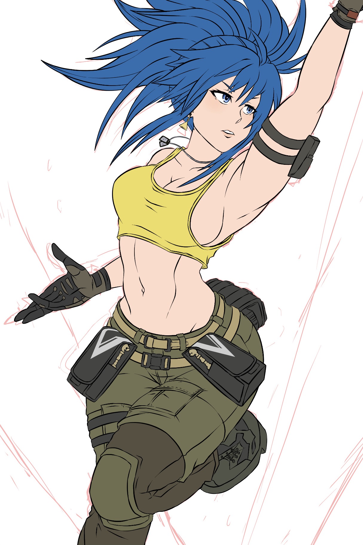 eunnieverse, leona heidern, the king of fighters, 1girl, blue eyes, blue hair, boots, breasts, curvy, earrings, female focus, gloves, hand up, huge breasts, jewelry, large breasts, leather, leg up, long hair, military, pale skin, pants, ponytail, shirt, tank top, thick thighs, thighs, tight clothes, tight shirt, wide hips