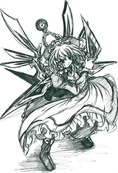 izayoi sakuya, touhou, 1girl, clock, dress, female focus, frills, from above, green theme, knife, monochrome, short hair, smile, solo, sword, weapon, white background