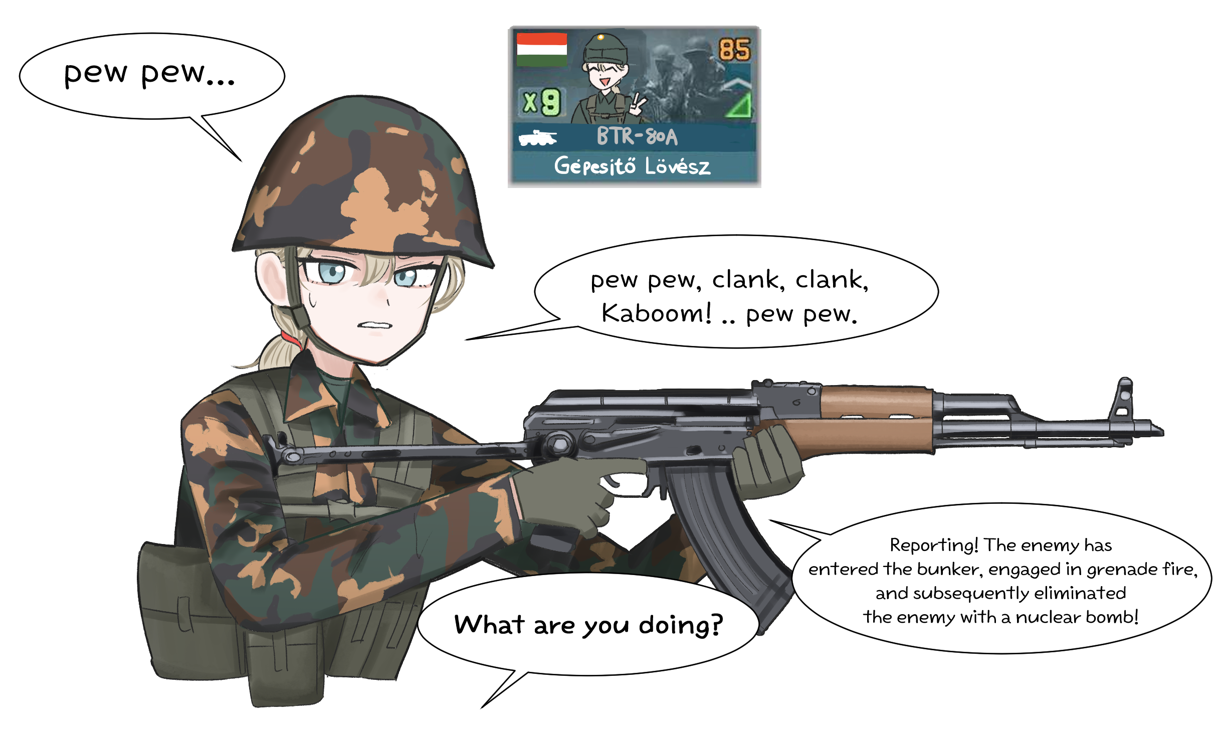 gulyas, warno (game), highres, 1girl, ^ ^, akm, akms, ammunition pouch, assault rifle, blonde hair, blue eyes, camouflage, camouflage jacket, clenched teeth, closed eyes, cold war, combat helmet, english text, gameplay mechanics, gloves, green gloves, green shirt, gun, hat, helmet, holding, holding gun, holding weapon, hungarian flag, hungarian people's army, hungarian people's republic, hungarian text, hungary, inset, jacket, kalashnikov rifle, kepi, load bearing equipment, medium hair, military combat uniform, military hat, military uniform, ponytail, pouch, rifle, shirt, sidelocks, smile, soldier, speech bubble, sweatdrop, teeth, trigger discipline, v, weapon, web belt, woodland camouflage