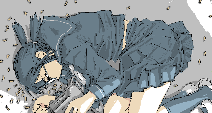 ogiue chika, genshiken, 00s, 1girl, expressionless, female focus, fetal position, glasses, gun, lying, mac-10/11, oekaki, pleated skirt, school uniform, serafuku, shell casing, skirt, solo, submachine gun, weapon