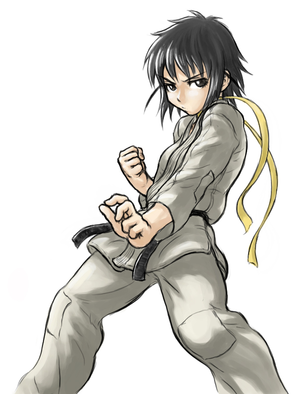 makoto (street fighter), ogiue chika, capcom, genshiken, street fighter, street fighter iii (series), 1girl, androgynous, cosplay, dougi, female focus, makoto (cosplay), makoto (street fighter) (cosplay), simple background, solo, tomboy, white background