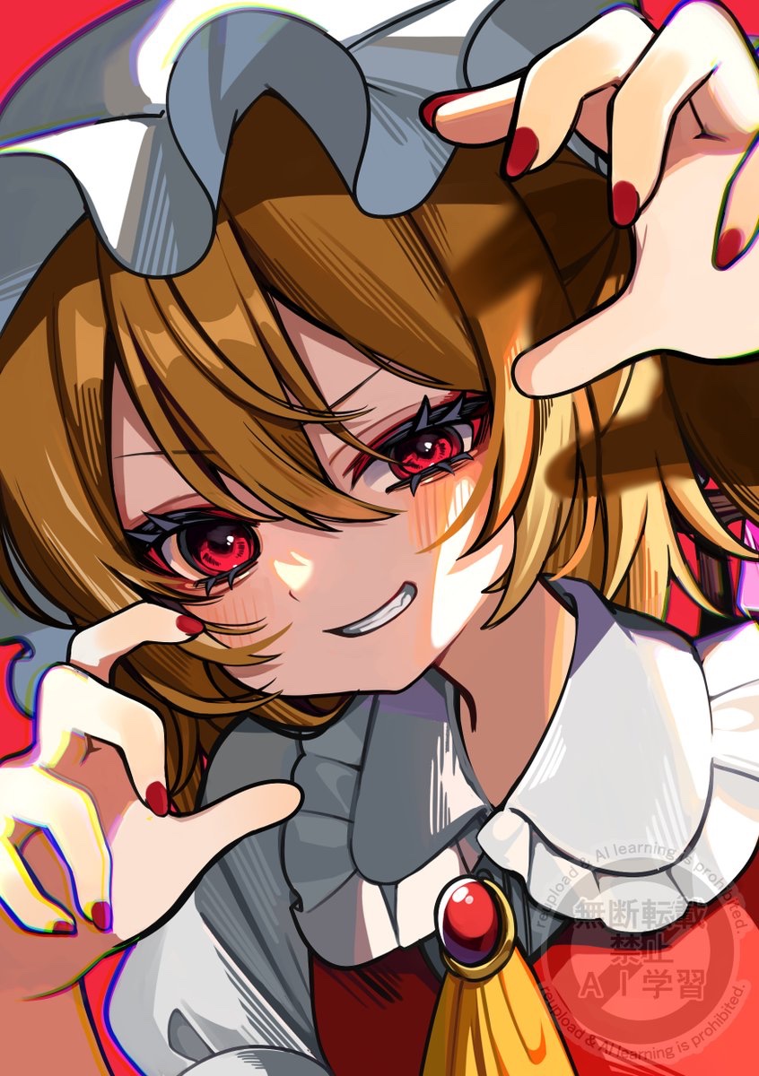 yuineko, flandre scarlet, touhou, highres, 1girl, ascot, blonde hair, crystal wings, dress, grin, hair between eyes, hat, looking at viewer, mob cap, nail polish, red background, red dress, red eyes, red nails, simple background, smile, solo, teeth, white hat, wings, yellow ascot
