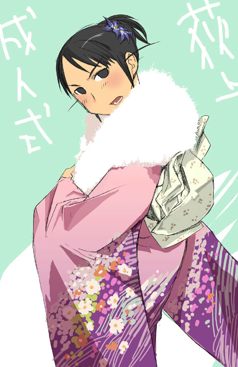 ogiue chika, genshiken, 00s, 1girl, aqua background, black eyes, black hair, blush, d:, d:<, female focus, floral print, flower, from side, frown, fur collar, hair flower, hair ornament, head tilt, japanese clothes, kimono, looking at viewer, obi, open mouth, sash, solo, v-shaped eyebrows