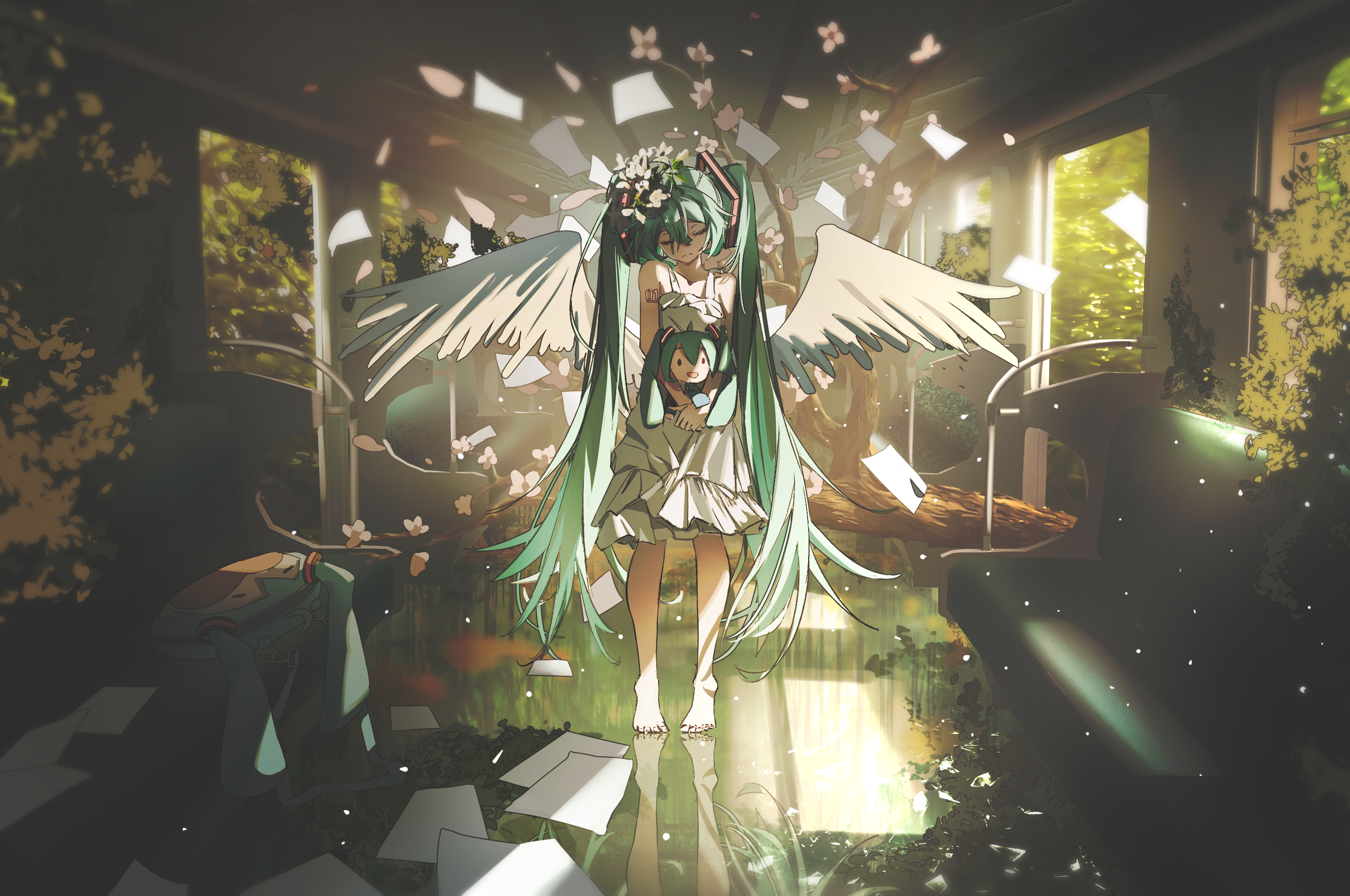 coomlee, hatsune miku, miku symphony (vocaloid), vocaloid, highres, 1girl, angel wings, bare shoulders, barefoot, closed eyes, dress, flower, green hair, hair flower, hair ornament, hair tie, hairband, long hair, reflective floor, twintails, very long hair, white dress, white wings, wings