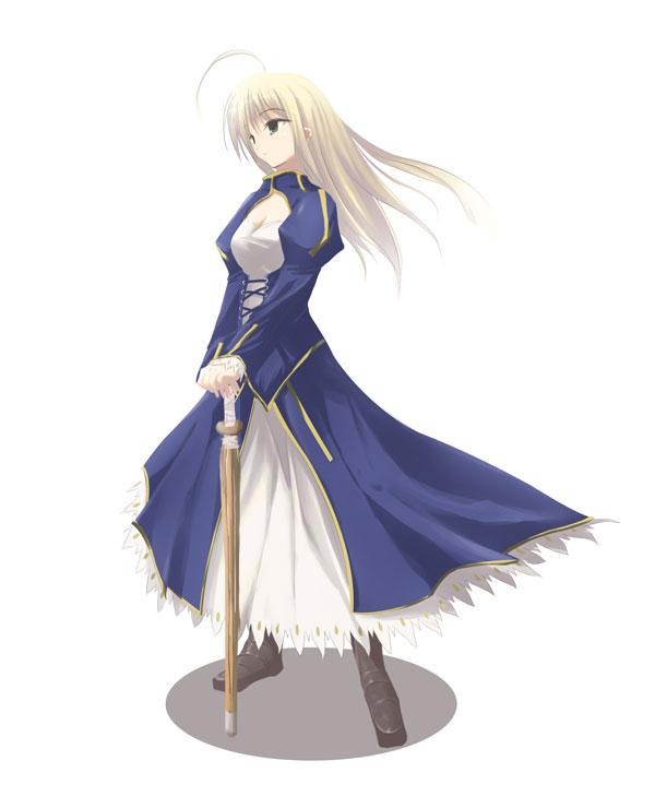 satomi (black scarecrow), artoria pendragon (fate), saber (fate), fate/stay night, fate (series), duplicate, 00s, 1girl, ahoge, blonde hair, breasts, female focus, hair down, hands on hilt, long hair, shinai, simple background, solo, sword, weapon
