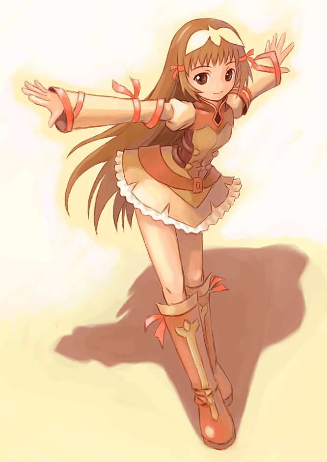 re mii, zoids, zoids genesis, 00s, 1girl, boots, brown eyes, brown hair, female focus, full body, hair ribbon, hairband, knee boots, leaning forward, long hair, long sleeves, no pants, outstretched arms, ribbon, simple background, solo, standing