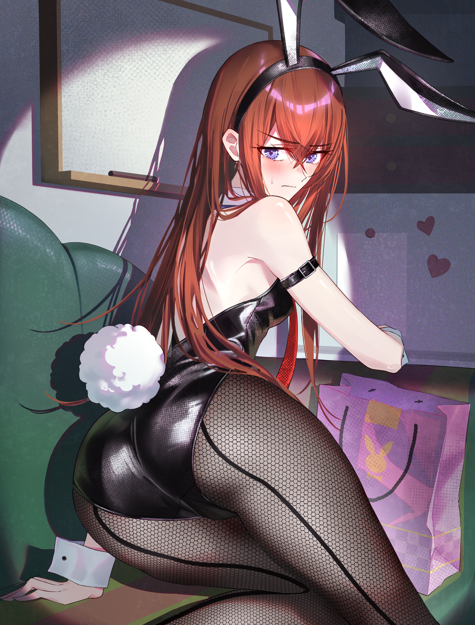 shirase rin, makise kurisu, science adventure, steins;gate, highres, 1girl, animal ear hairband, animal ears, arm strap, ass, bag, black leotard, blue eyes, blush, breasts, couch, fake animal ears, fishnet pantyhose, fishnets, hairband, leotard, long hair, looking back, necktie, pantyhose, playboy bunny, rabbit ear hairband, rabbit ears, rabbit tail, red hair, red necktie, small breasts, tail, v-shaped eyebrows, very long hair, wrist cuffs