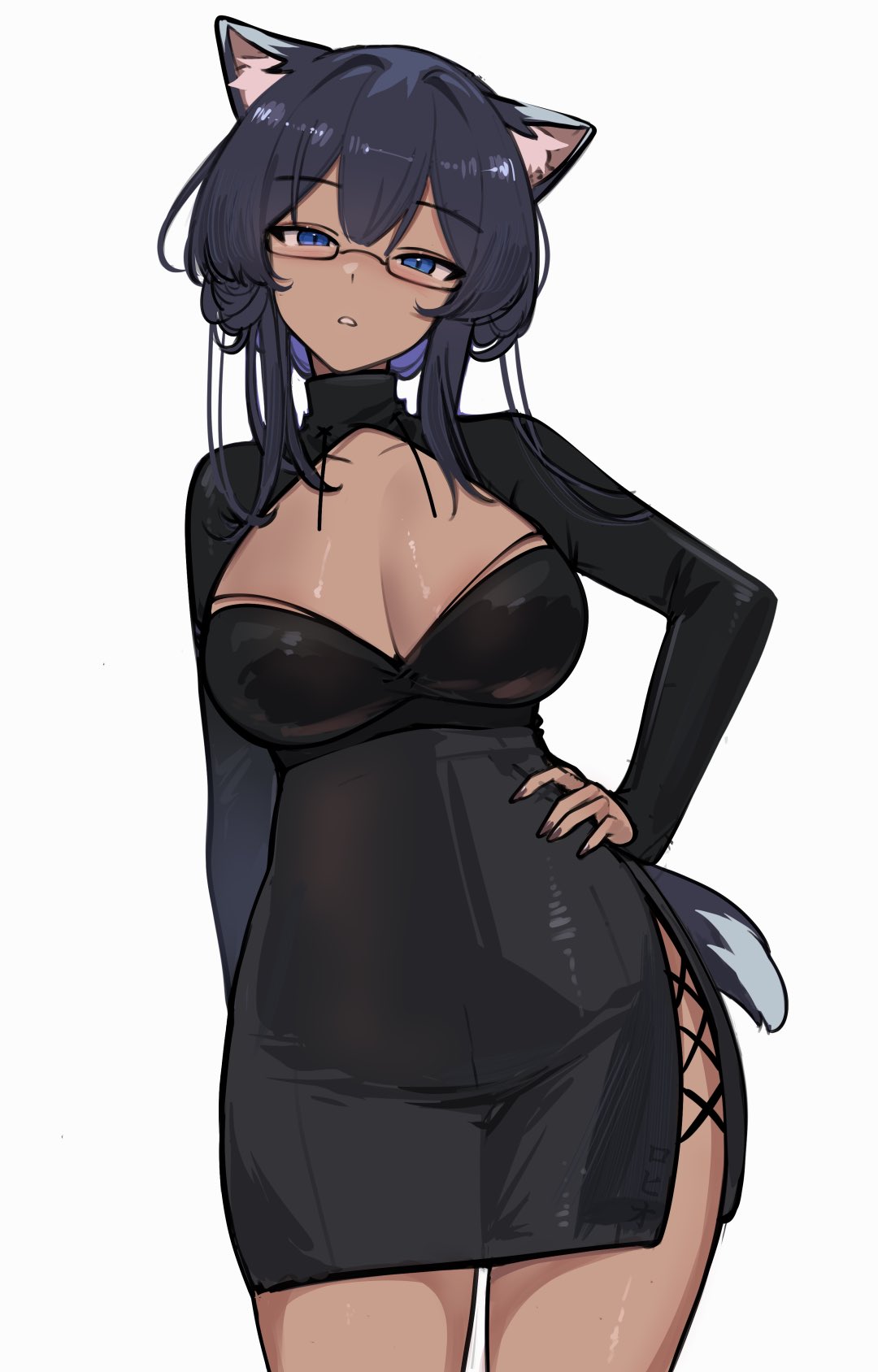 rohioart, character request, copyright request, highres, 1girl, animal ears, black dress, blue eyes, breasts, cat ears, cat girl, cat tail, cleavage cutout, clothing cutout, dark-skinned female, dark skin, dress, glasses, grey hair, hand on own hip, parted lips, short hair, simple background, solo, tail, white background