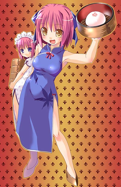 hisui (tsukihime), kohaku (tsukihime), mr. chin, tsukihime, 00s, 2girls, bamboo steamer, china dress, chinese clothes, dress, food, maid, multiple girls, steamed bun