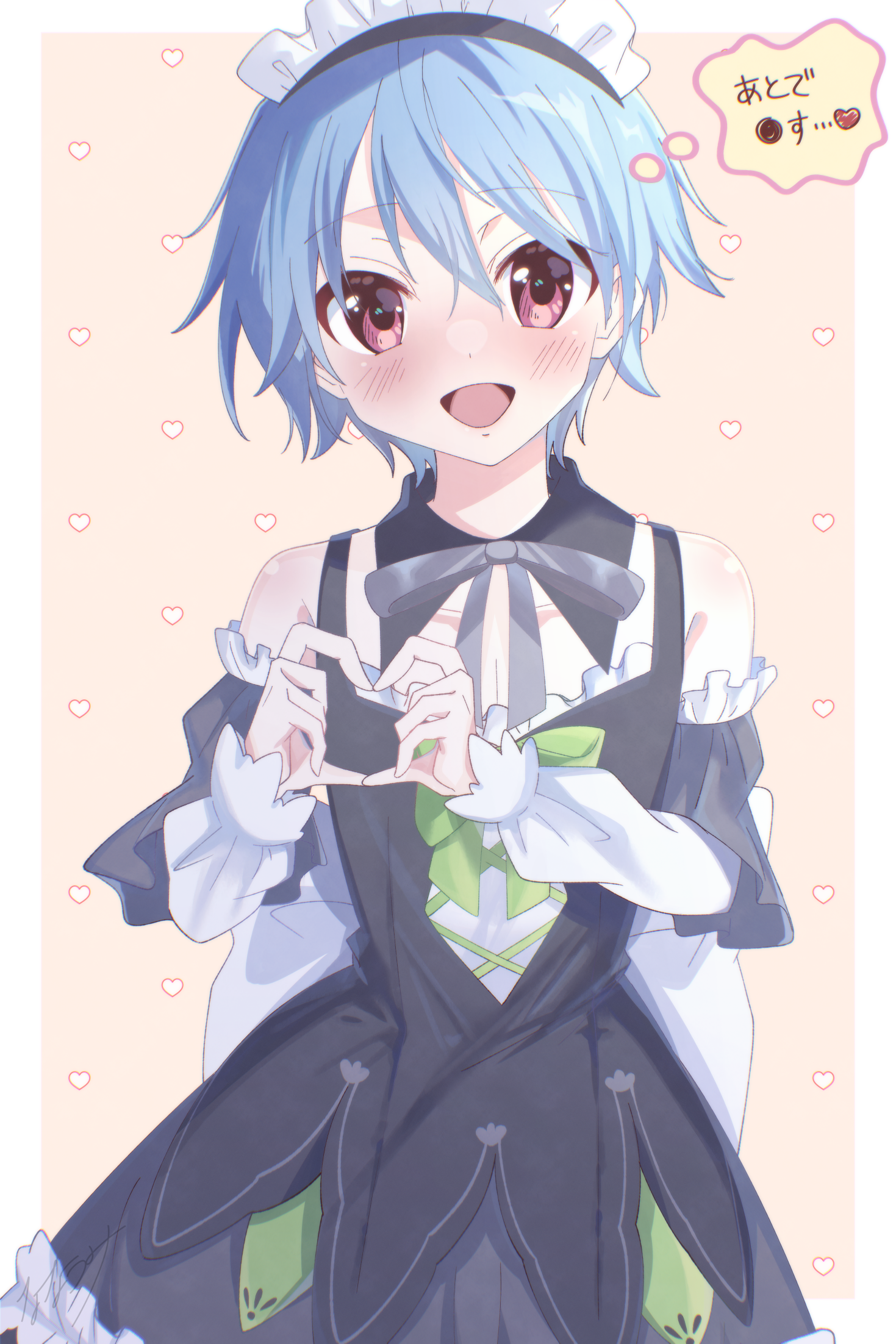 minami773, 9-nine-, commentary, highres, translated, 1boy, :d, alternate costume, bare shoulders, black dress, blue hair, blush, border, bow, bowtie, collarbone, cowboy shot, detached collar, detached sleeves, dress, dress bow, enmaided, four-finger heart hands, frilled dress, frilled sleeves, frills, fukazawa yoichi, green bow, grey bow, grey bowtie, hair between eyes, hands up, happy, heart, heart background, heart hands, long sleeves, looking at viewer, maid, maid headdress, male focus, nine ball maid uniform, open mouth, outside border, pink background, red eyes, short hair, simple background, sleeveless, sleeveless dress, smile, solo, speech bubble, thought bubble, trap, white border