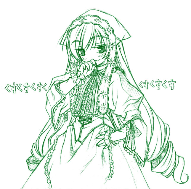 suiseiseki, rozen maiden, 00s, 1girl, female focus, green theme, hand on own hip, heterochromia, laughing, long hair, monochrome, ojou-sama pose, smirk, solo, very long hair