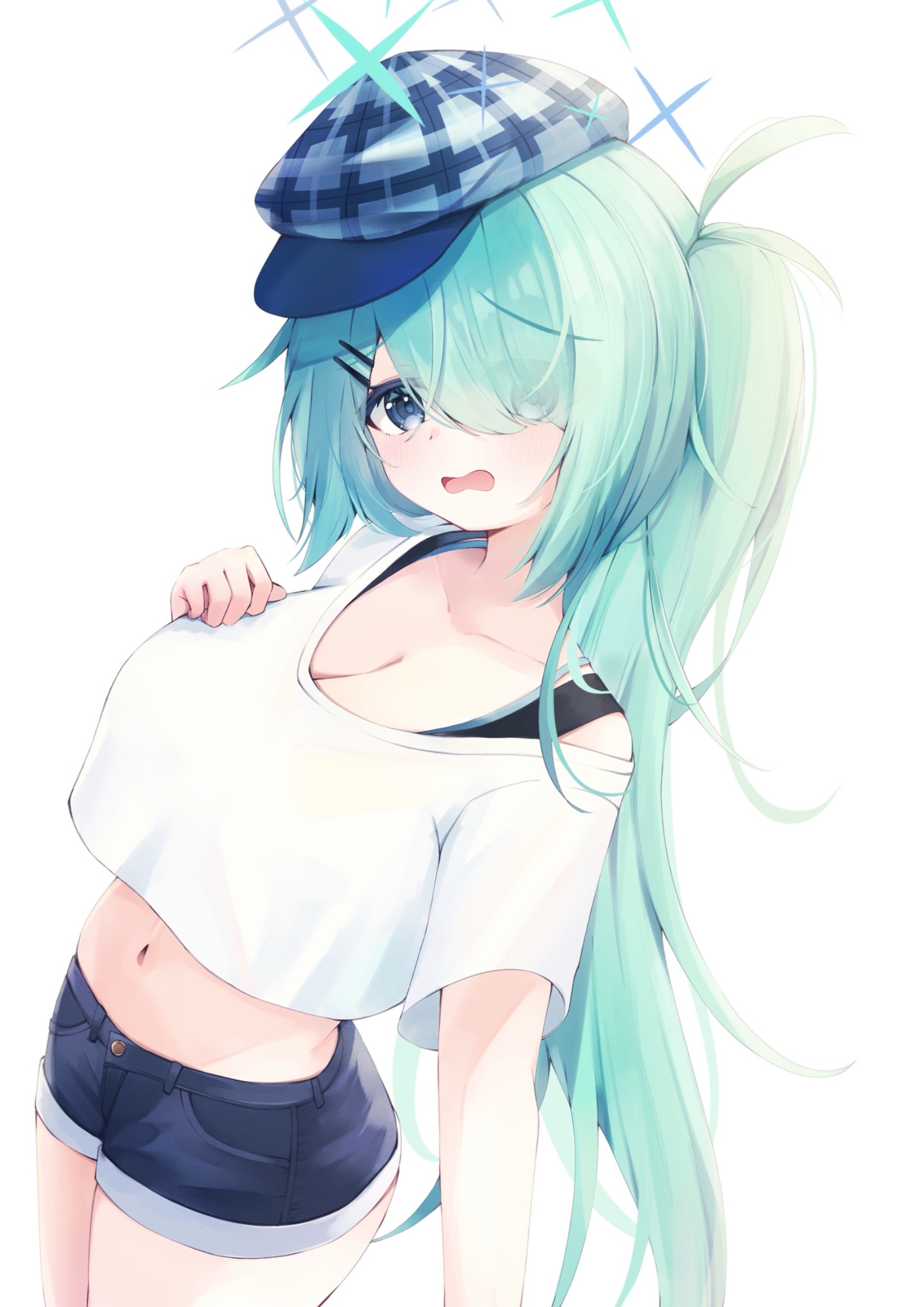 nekoratte, hiyori (blue archive), blue archive, commentary request, highres, 1girl, aqua hair, aqua halo, black sports bra, blue eyes, blue hat, blue shorts, breasts, cleavage, cowboy shot, crop top, crop top overhang, cropped shirt, eyes visible through hair, hair ornament, hair over one eye, hairclip, halo, hand on own chest, hand up, hat, large breasts, midriff, navel, newsboy cap, open mouth, peanut mouth, shirt, short shorts, short sleeves, shorts, side ponytail, simple background, solo, sports bra, thighs, white background, white shirt