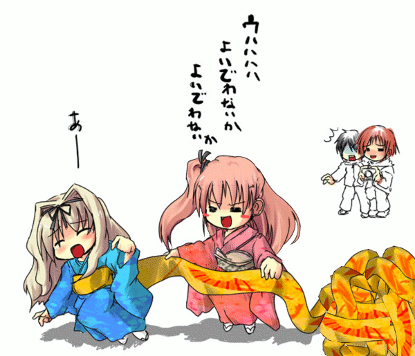 kouno takaaki, kousaka yuuji, kusugawa sasara, maaryan (to heart), to heart (series), to heart 2, animated, animated gif, translated, 00s, 2boys, 2girls, :d, = =, ^^^, blonde hair, blush, blush stickers, camera, chibi, closed eyes, full body, gloom (expression), hair ribbon, holding, japanese clothes, kimono, long hair, multiple boys, multiple girls, obi, obi spin, obispin, open mouth, partially colored, pink hair, ponytail, red hair, ribbon, sash, shadow, side ponytail, smile, spinning, standing, surprised, white background, white hair
