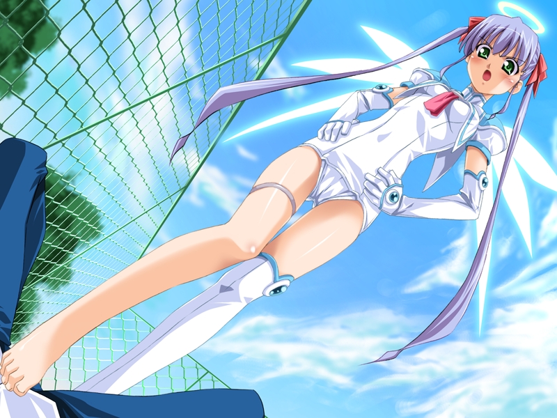 kuuchuu yousai, djibril aries, jinno hikari, makai tenshi djibril, makai tenshi djibril 2, game cg, >:o, 1boy, 1girl, :o, angel, angel wings, angry, asymmetrical clothes, barefoot, blue hair, blush, boots, breasts, brooch, chain-link fence, cloud, covered navel, day, dutch angle, elbow gloves, feet, femdom, fence, footjob, from below, gem, gloves, glowing, glowing wings, green eyes, hair ribbon, halo, hands on own hips, hetero, jewelry, legs, long hair, looking at viewer, lying, magical girl, necktie, on back, one-piece swimsuit, open mouth, outdoors, pants, penis, pink necktie, pov, puffy short sleeves, puffy sleeves, purple hair, ribbon, sailor collar, school swimsuit, shirt, short sleeves, shoulder pads, shouting, sidelocks, single thighhigh, sky, small breasts, solo focus, spread legs, standing, swimsuit, swimsuit costume, thigh boots, thigh gap, thighhighs, thighlet, traditional halo, tree, turtleneck, twintails, v-shaped eyebrows, very long hair, white gloves, white one-piece swimsuit, white school swimsuit, white thighhighs, wings