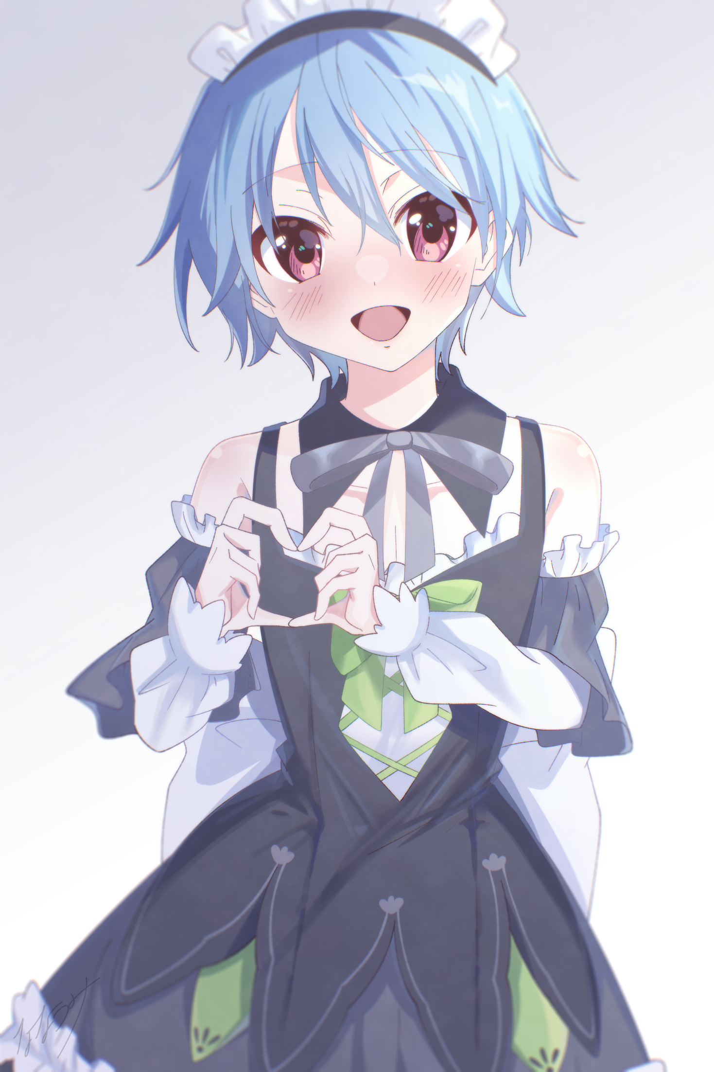 minami773, 9-nine-, commentary, highres, 1boy, :d, alternate costume, bare shoulders, black dress, blue hair, blush, bow, bowtie, collarbone, cowboy shot, detached collar, detached sleeves, dress, dress bow, enmaided, four-finger heart hands, frilled dress, frilled sleeves, frills, fukazawa yoichi, green bow, grey background, grey bow, grey bowtie, hair between eyes, hands up, happy, heart, heart hands, long sleeves, looking at viewer, maid, maid headdress, male focus, nine ball maid uniform, open mouth, red eyes, short hair, simple background, sleeveless, sleeveless dress, smile, solo, trap