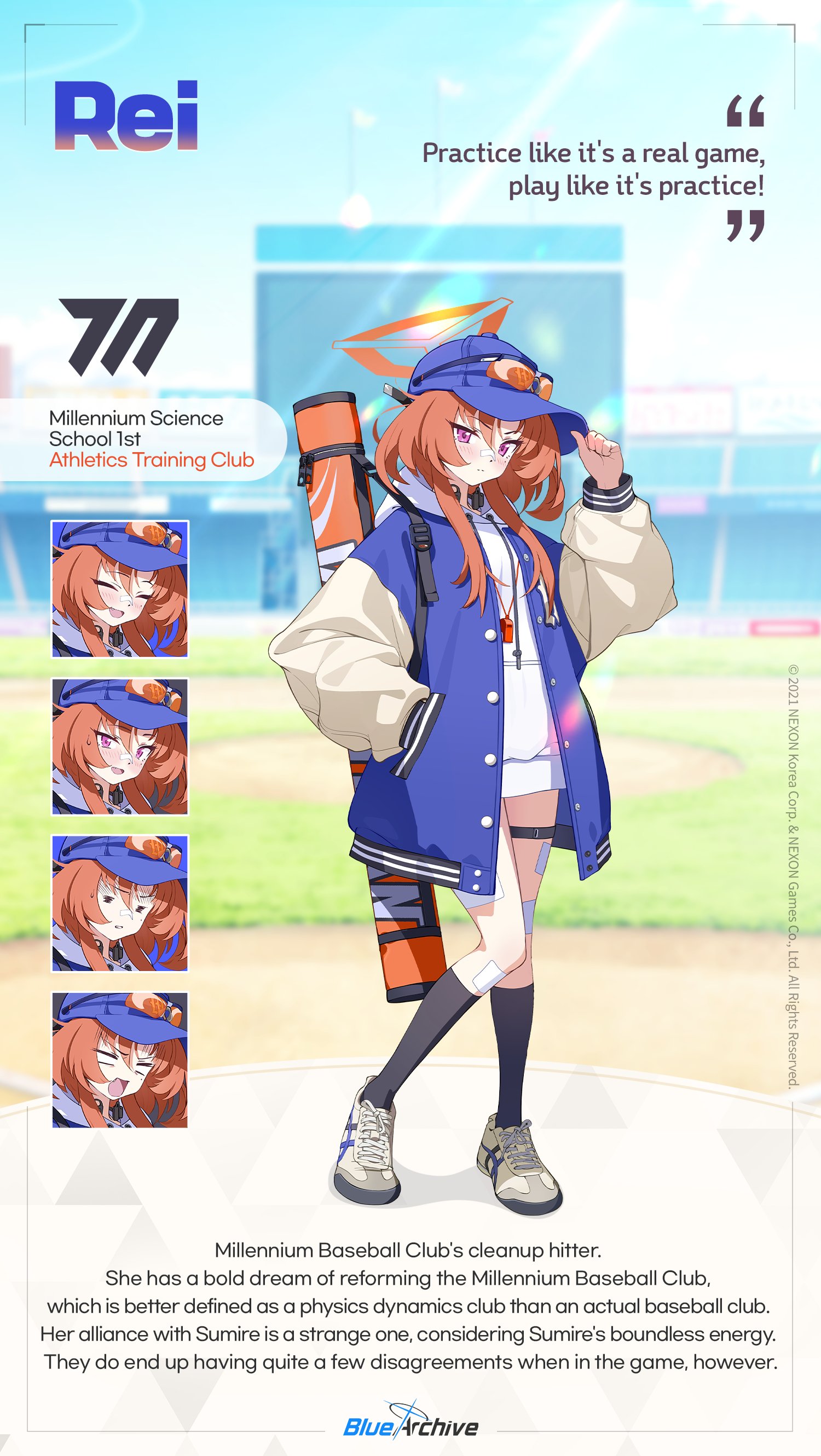misom150, rei (blue archive), blue archive, absurdres, commentary, english commentary, highres, official art, 1girl, bandaid, bandaid on face, bandaid on nose, black socks, blue hat, blush, character name, closed eyes, closed mouth, copyright name, english text, eyewear on headwear, halo, hand in pocket, hat, hood, hood down, hoodie, jacket, kneehighs, logo, open clothes, open jacket, open mouth, pink eyes, red hair, shoes, sneakers, socks, thigh strap, whistle, whistle around neck, white hoodie