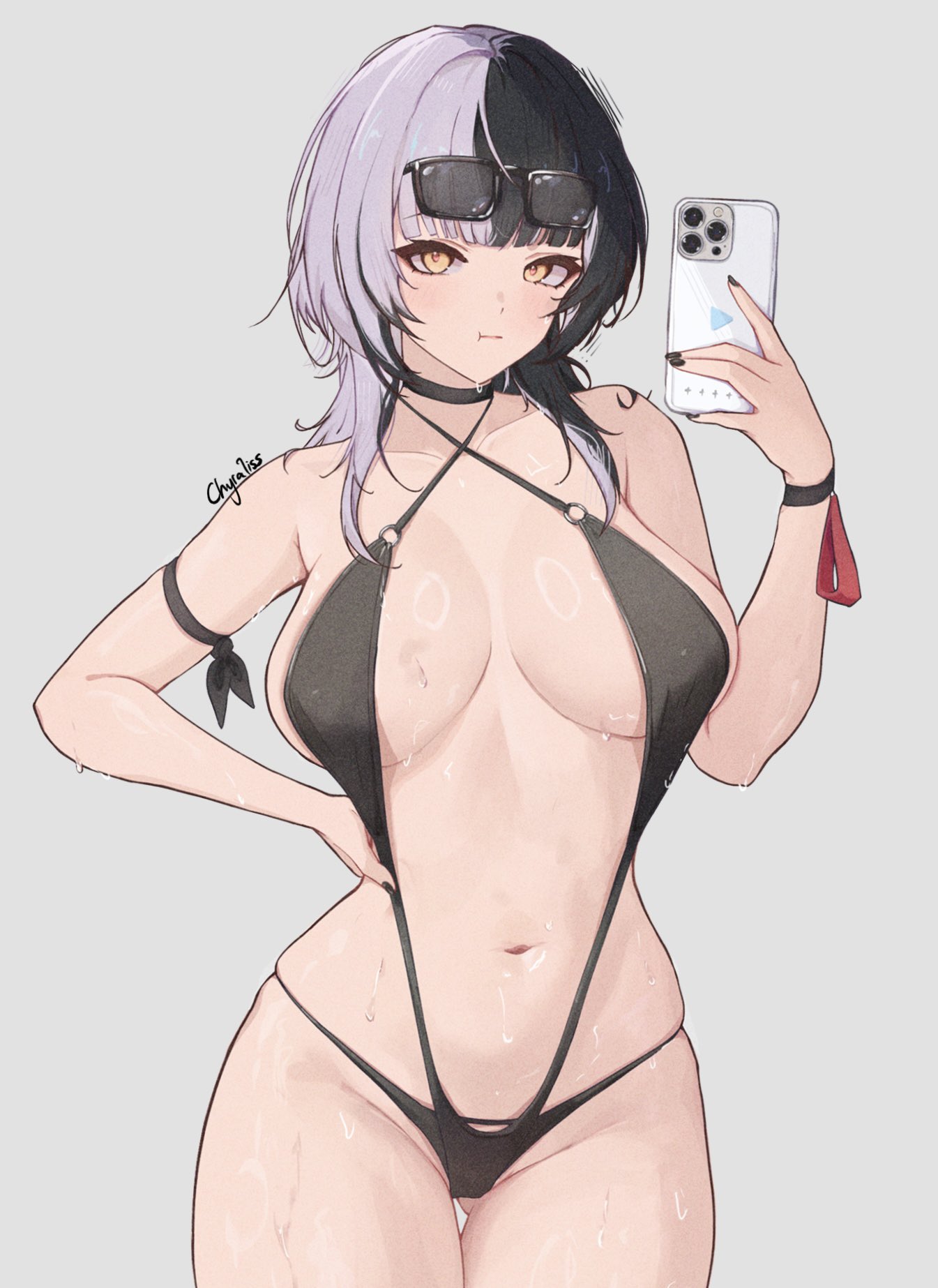 chyraliss, shiori novella, hololive, hololive english, highres, 1girl, :t, artist name, black hair, black nails, black slingshot swimsuit, breasts, cellphone, cowboy shot, eyewear on head, grey hair, holding, holding phone, large breasts, long hair, multicolored hair, navel, phone, simple background, slingshot swimsuit, solo, split-color hair, sunglasses, swimsuit, virtual youtuber, yellow eyes