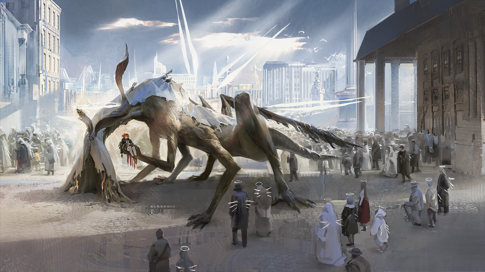 exusiai (arknights), exusiai the new covenant (arknights), arknights, game cg, highres, official art, third-party source, 6+boys, 6+girls, cane, carrying, carrying person, cephas (arknights), cephas (teekaz) (arknights), cityscape, cloak, crowd, detached wings, energy wings, halo, hat, holding, holding cane, hood, hood up, hooded cloak, monster, multiple boys, multiple girls, multiple legs, outdoors, paganini (arknights), people, red hair, very wide shot, walking, wings