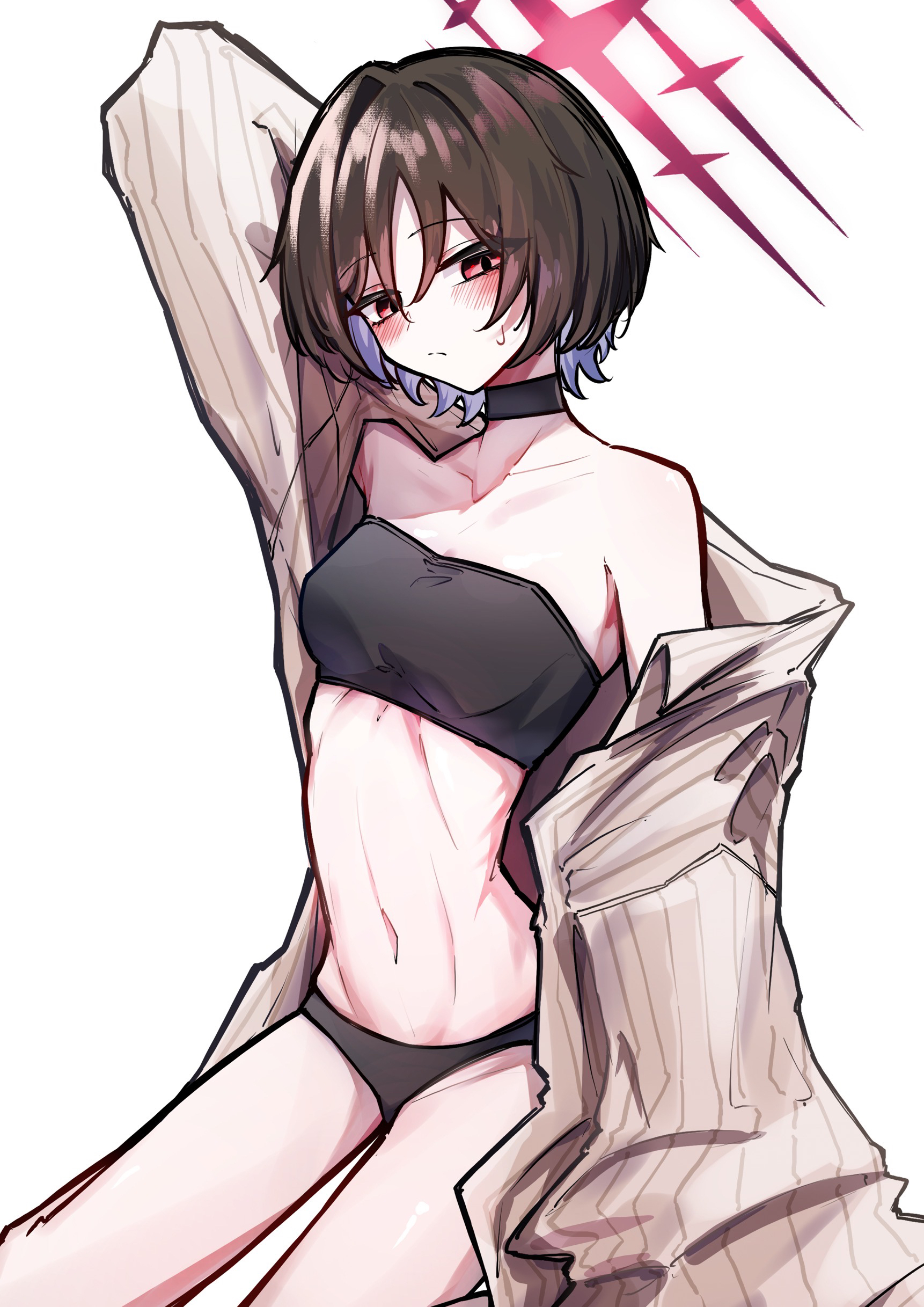kishi zero 1, misaki (blue archive), misaki (swimsuit) (blue archive), blue archive, absurdres, commentary request, highres, 1girl, arm behind head, arm up, bare legs, bikini, bikini under clothes, black bikini, black choker, blush, breasts, brown hair, choker, coat, collarbone, halo, looking at viewer, navel, official alternate costume, pinstripe pattern, red eyes, ribs, short hair, simple background, sitting, skinny, small breasts, solo, stomach, strapless, strapless bikini, sweatdrop, swimsuit, wariza, white background, white coat