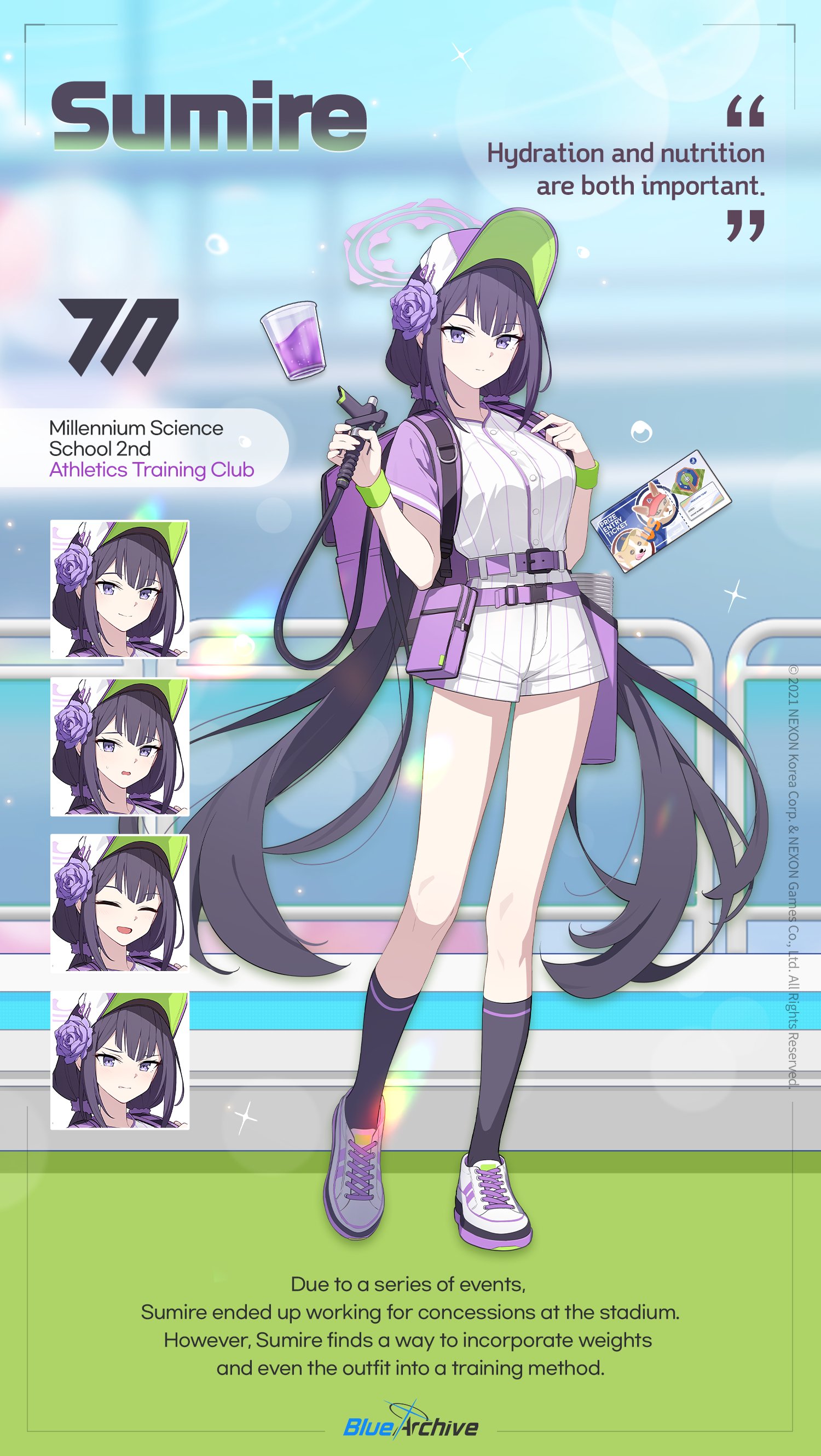 gulim, sumire (blue archive), sumire (part-time) (blue archive), blue archive, absurdres, commentary, english commentary, highres, official art, 1girl, baseball cap, baseball jersey, beer tap, black hair, black socks, blurry, blurry background, breasts, cross-laced shoes, english text, flower, full body, hair flower, hair ornament, halo, hat, jersey, kneehighs, long hair, looking at viewer, multiple expressions, nozzle, official alternate costume, official alternate hairstyle, ponytail, purple flower, shirt, shoes, short sleeves, shorts, sneakers, socks, standing, uriko (baseball), very long hair, white shoes, white shorts