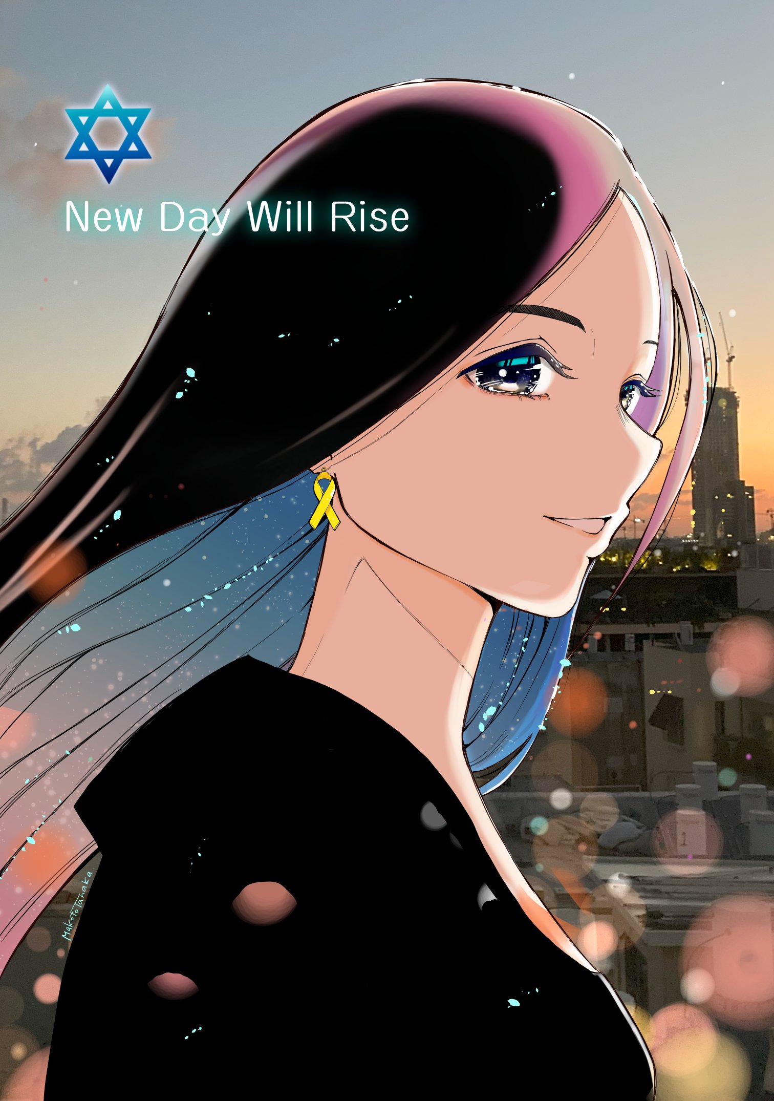 tanaka makoto, real life, commentary, english commentary, highres, 1girl, :d, animification, artist name, black eyes, black shirt, blue hair, breasts, bright pupils, building, colored inner hair, earrings, english text, from side, gradient sky, grey sky, greyscale, grin, hexagram, jewelry, light particles, lips, long hair, long sleeves, looking at viewer, monochrome, multicolored hair, open mouth, outdoors, photo background, ribbon earrings, shirt, sidelighting, sideways mouth, sky, small breasts, smile, solo, star of david, straight hair, sunset, two-tone hair, upper body, white pupils, wind, yellow sky, yuval raphael