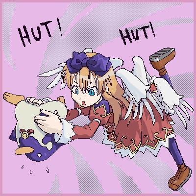 aruma (shinrabanshou), shinrabanshou, lowres, tagme, blonde hair, long hair, pantyhose, solo, wings