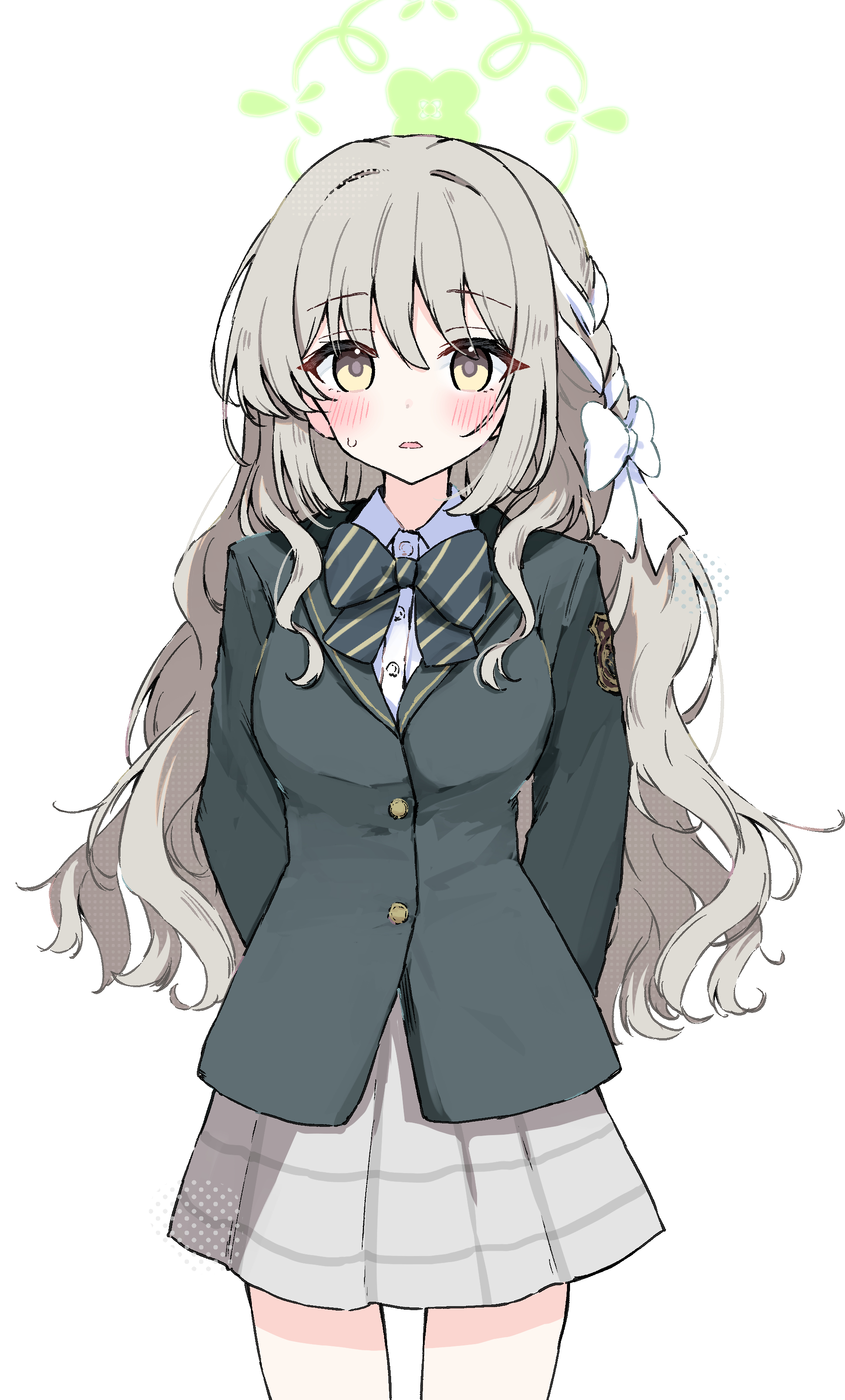 sateto (user knrf2332), blue archive, absurdres, commentary request, highres, 1girl, arms behind back, black bow, black bowtie, black jacket, blazer, blush, bow, bowtie, breasts, collared shirt, grey hair, grey skirt, hair bow, halo, jacket, long hair, long sleeves, looking at viewer, miyo (blue archive), parted lips, shirt, simple background, skirt, solo, sweat, white background, white bow, white hair, white shirt, yellow eyes
