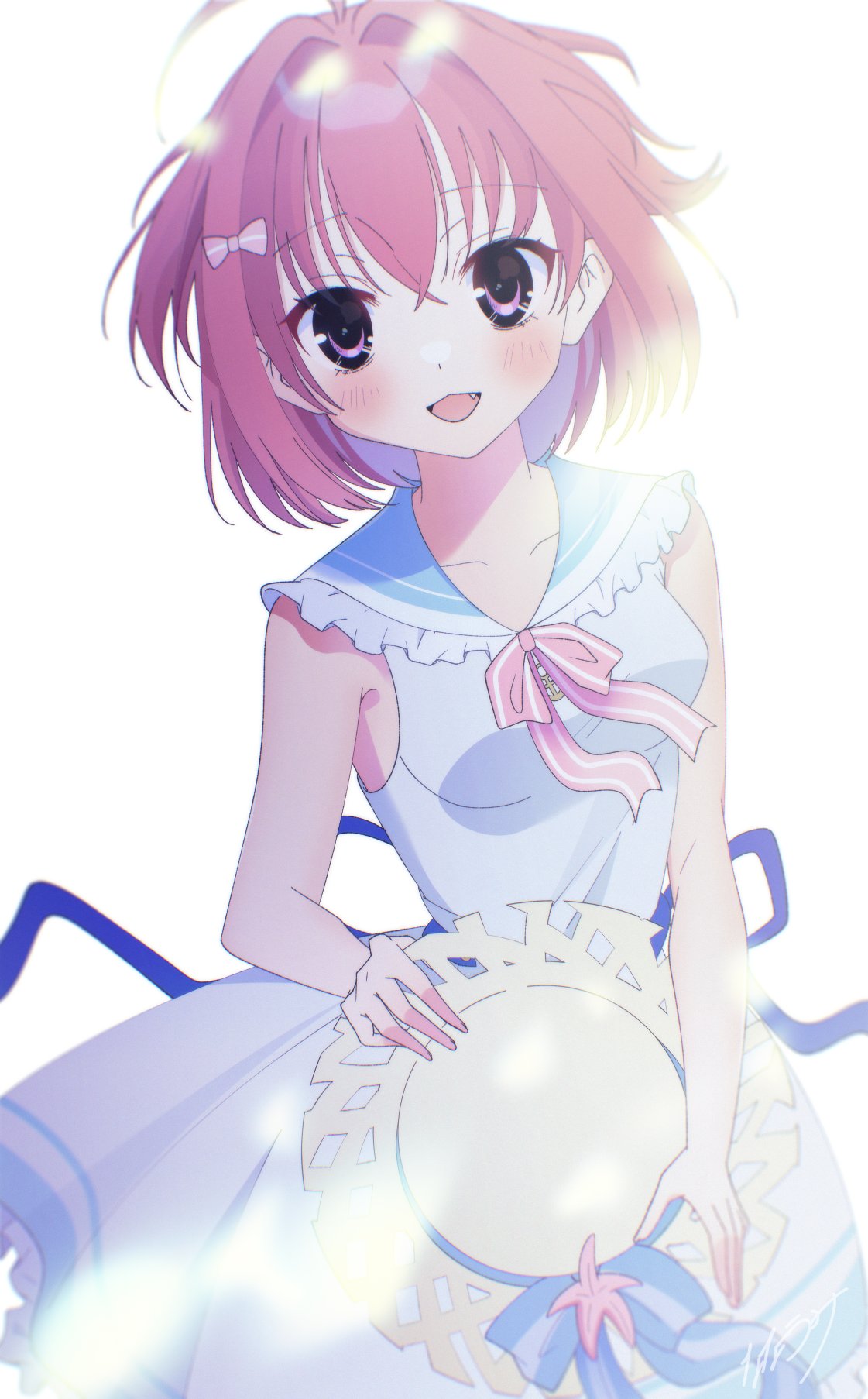 minami773, kanou minato, raspberry cube, commentary request, highres, 1girl, :d, ahoge, back bow, bloom, blue bow, blue sailor collar, blurry, blush, bow, bowtie, breasts, cowboy shot, crossed bangs, depth of field, dress, fang, floating hair, frilled sailor collar, frills, hair between eyes, hair bow, hair intakes, happy, hat, hat bow, holding, holding unworn clothes, holding unworn hat, looking at viewer, medium breasts, medium hair, open mouth, pink bow, pink bowtie, pink eyes, red hair, sailor collar, sailor dress, signature, simple background, sleeveless, sleeveless dress, smile, solo, straw hat, two side up, unworn hat, unworn headwear, white background, white dress