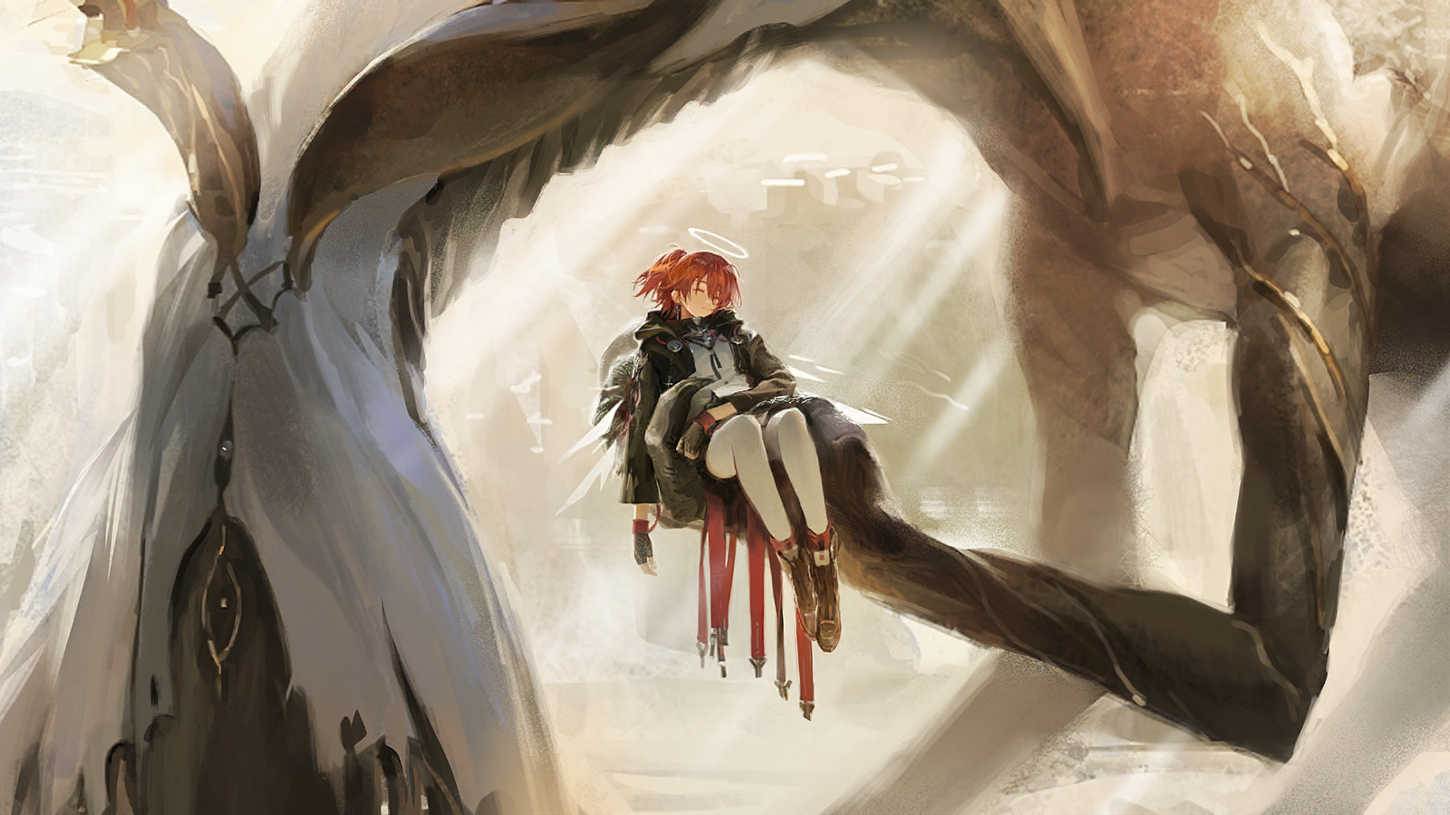exusiai (arknights), exusiai the new covenant (arknights), arknights, game cg, highres, official art, third-party source, 1girl, ankle boots, arm on own stomach, black gloves, black jacket, boots, carrying, carrying person, cephas (arknights), cephas (teekaz) (arknights), closed eyes, detached wings, energy wings, fingerless gloves, gloves, halo, jacket, knees up, long sleeves, monster, one side up, people, red hair, shirt, solo focus, thighhighs, unconscious, white shirt, white thighhighs, wings, yellow theme