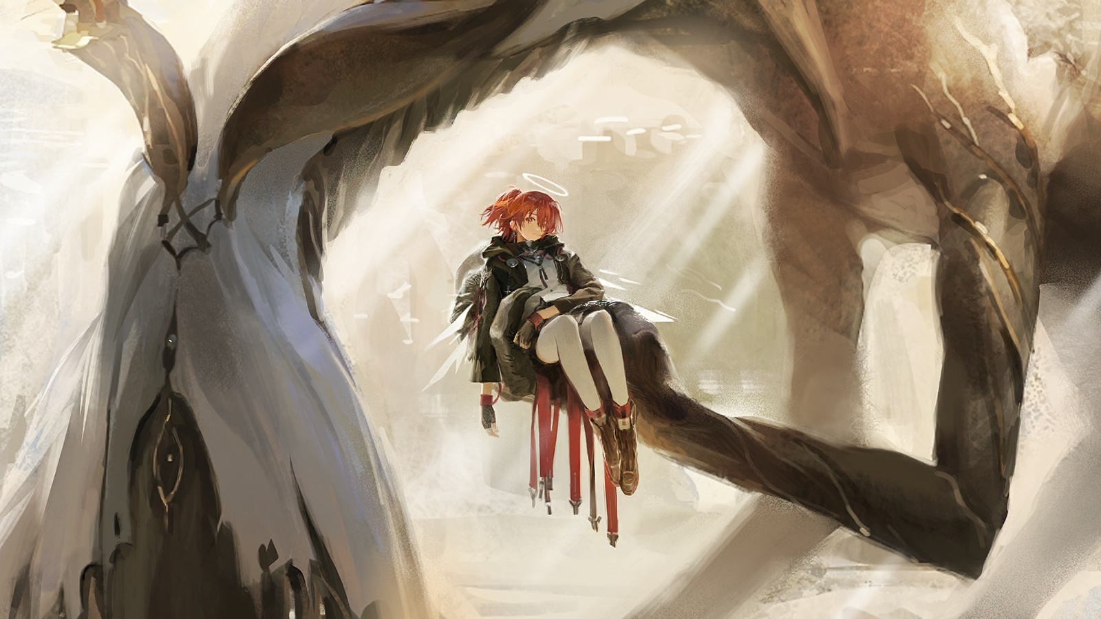 exusiai (arknights), exusiai the new covenant (arknights), arknights, game cg, highres, official art, third-party source, 1girl, ankle boots, arm on own stomach, black gloves, black jacket, boots, carrying, carrying person, cephas (arknights), cephas (teekaz) (arknights), detached wings, energy wings, fingerless gloves, gloves, halo, jacket, knees up, long sleeves, looking at viewer, monster, one side up, orange eyes, people, red hair, shirt, solo focus, thighhighs, white shirt, white thighhighs, wings, yellow theme
